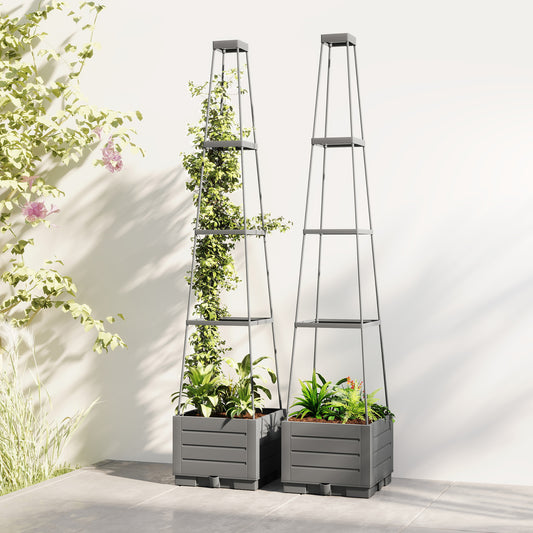 Outsunny 2 Pack Raised Garden Bed With Trellis Plastic Outdoor Planter Box Removable Drainage Tray