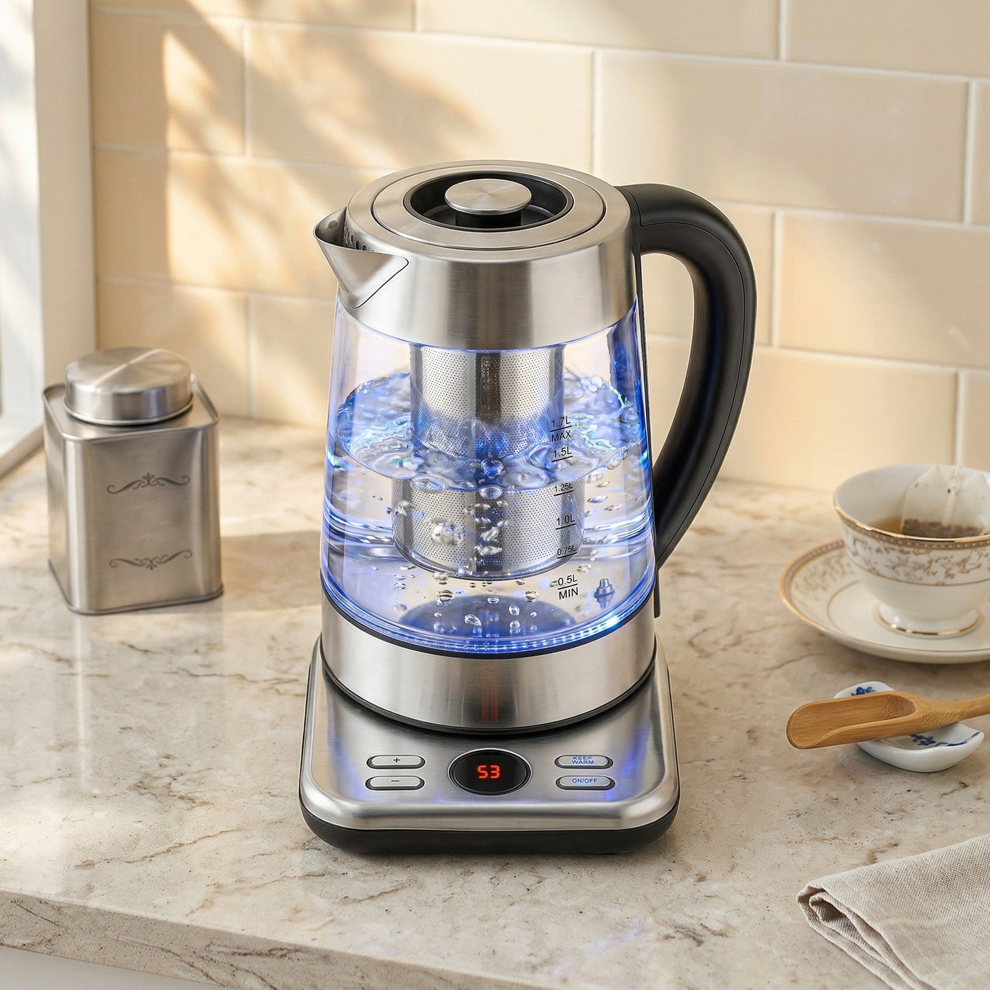 HOMCOM Electric Kettle 1.7L 3000W Fast Boil With Strix Thermostat Tea Infuser 5 Temperature Presets 60-100 C Keep Warm