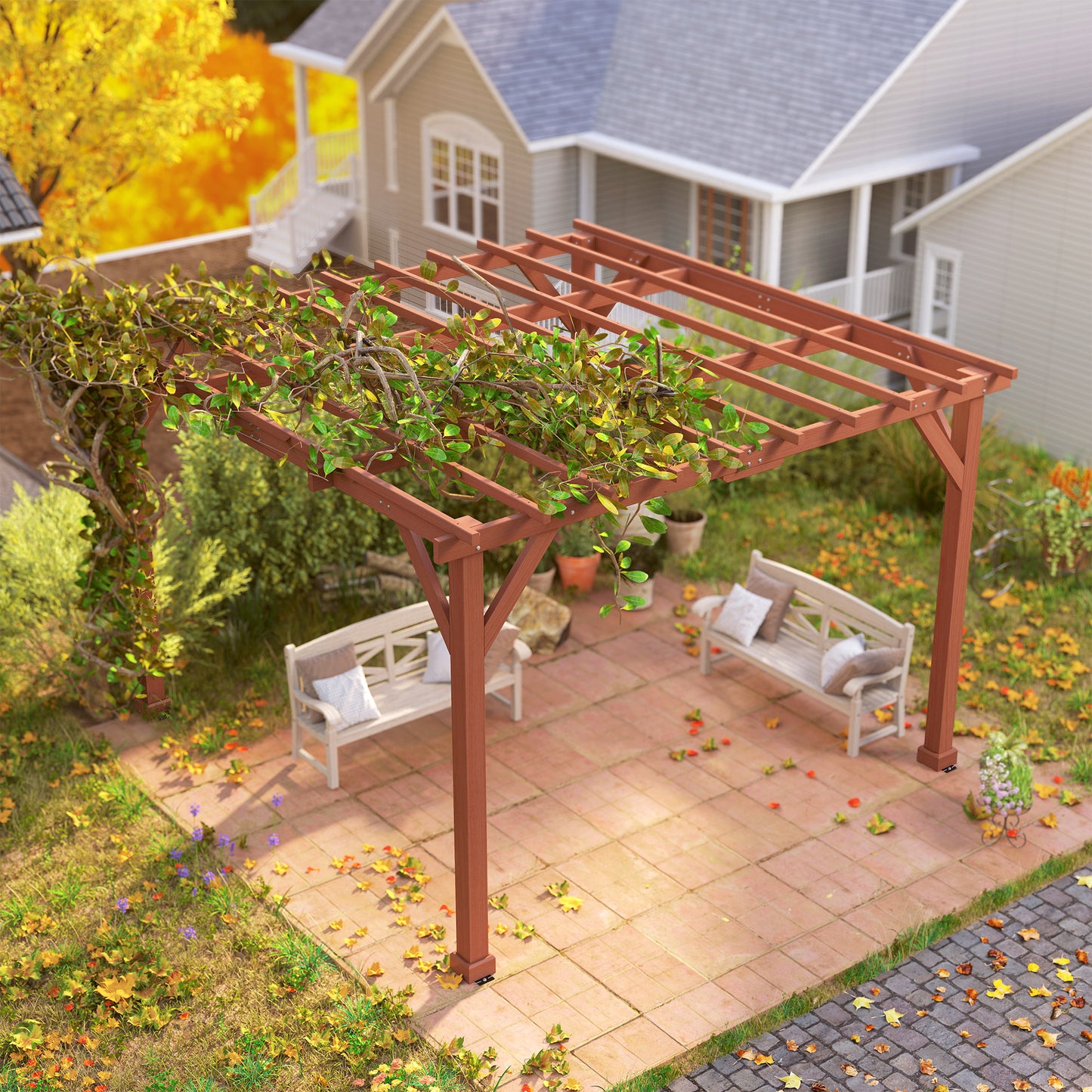 Outsunny 3.3 x 3.3 m Wooden Pergola Kit Garden Gazebo Grape Trellis For Climbing Vines Flowers
