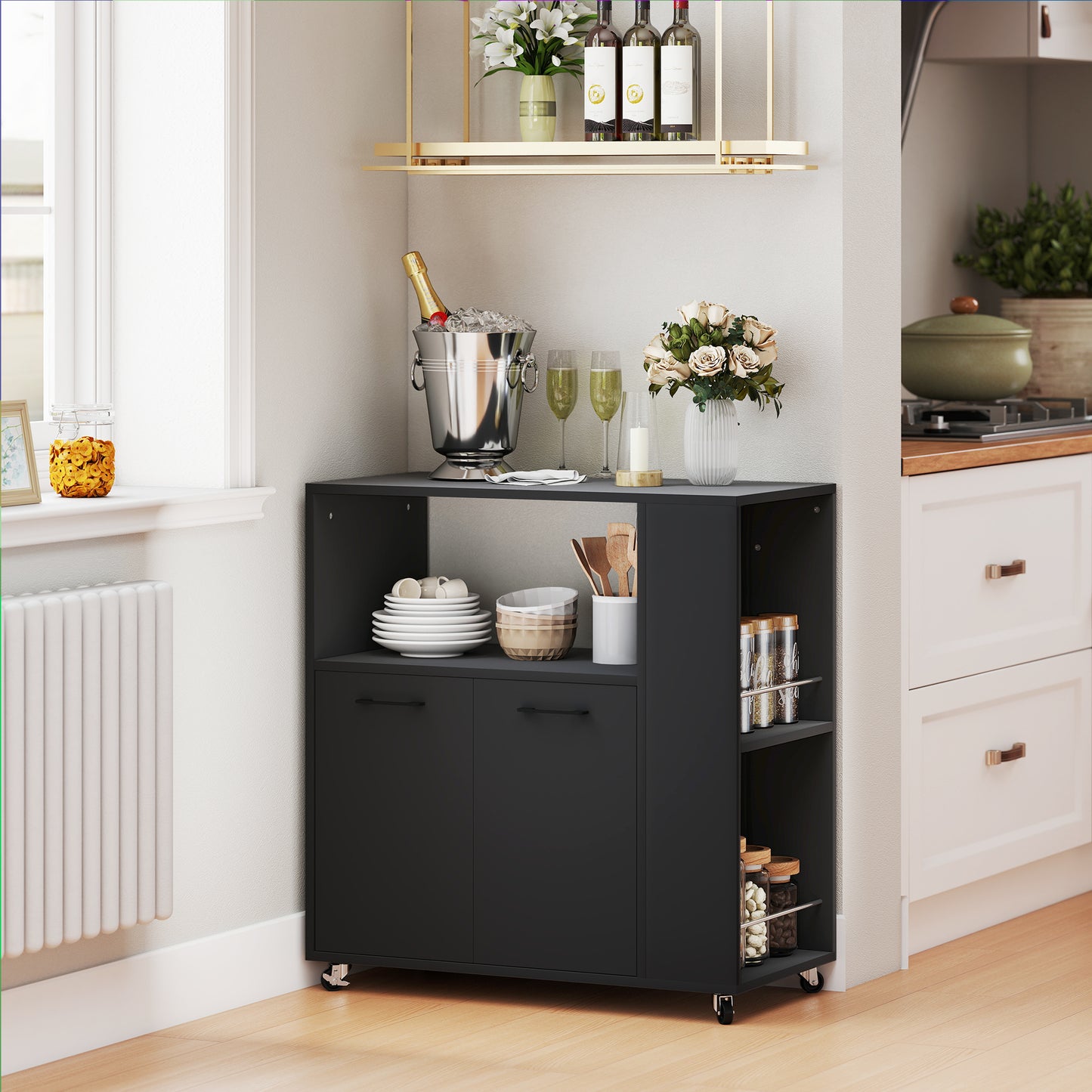 HOMCOM Kitchen Trolley On Wheels Rolling Kitchen Island Cart With 2 Door Cabinet Spice Rack And Adjustable Shelf Black