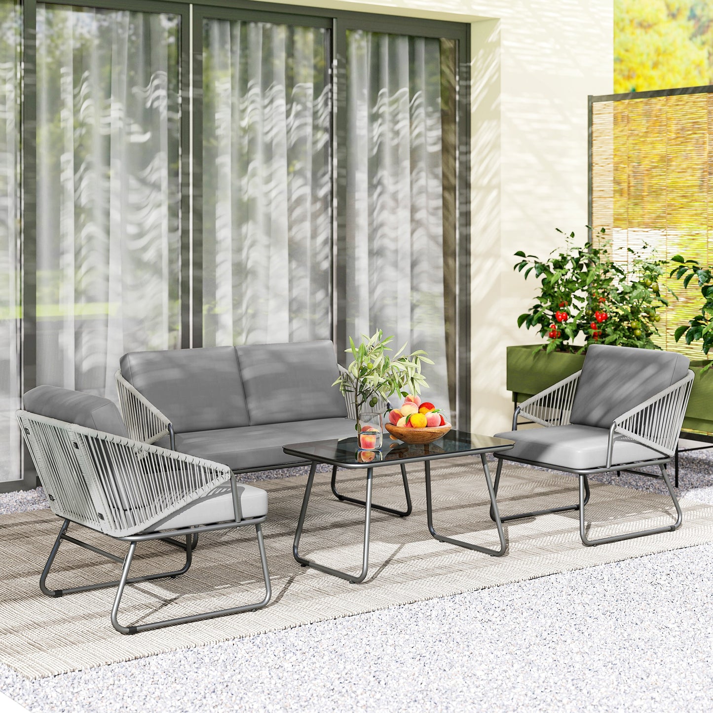 Outsunny Four Piece Rattan Outdoor Sofa Set with Strong Steel Frame Grey Loveseat Two Chairs and Coffee Table