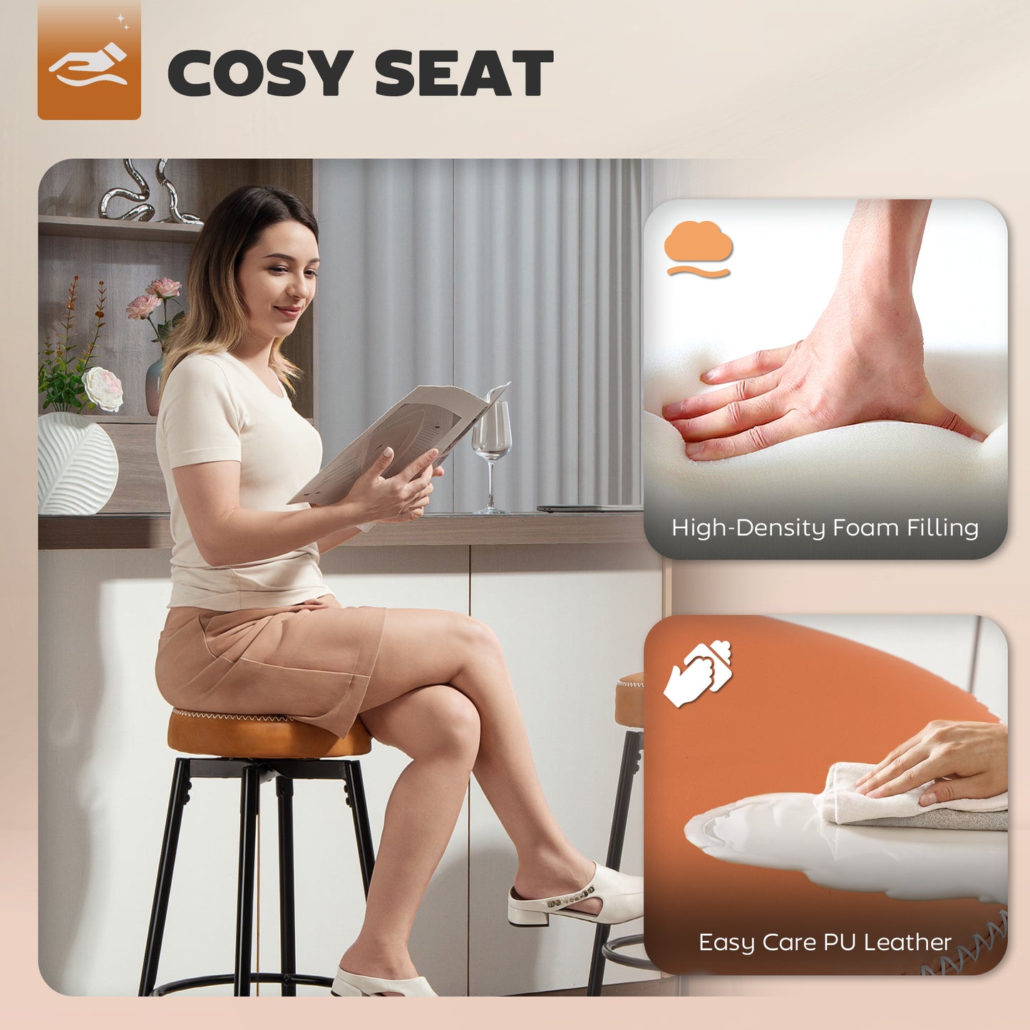 HOMCOM Set of Two Faux Leather Bar Stools Brown and Black Cushioned Seats with White Edge Stitching