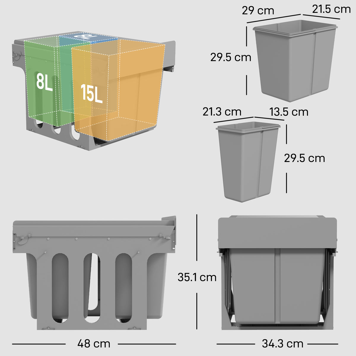 HOMCOM Pull Out Under Sink Bin 31L With 3 Compartments For 400mm Cabinets
