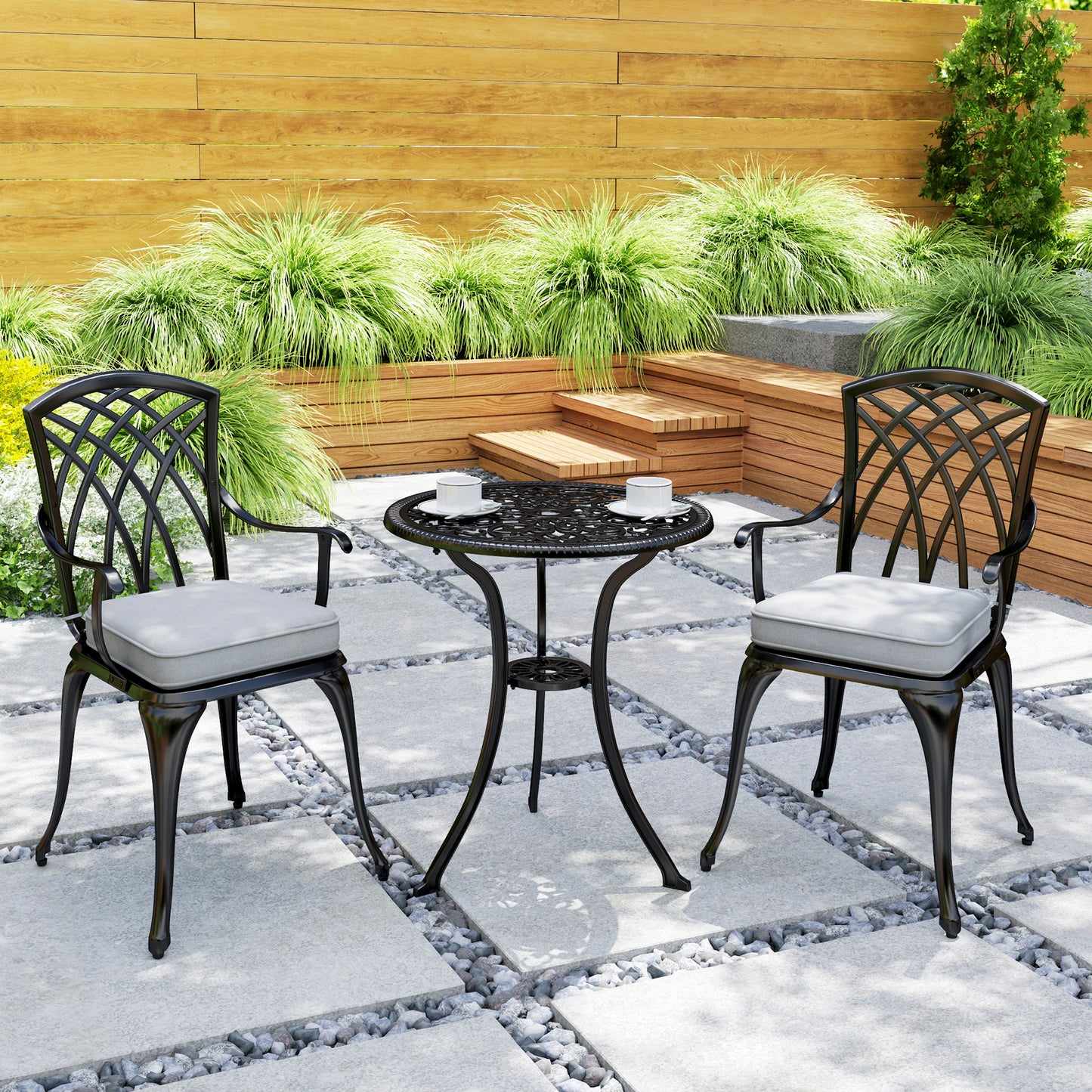 Outsunny Three Piece Cast Aluminium Bistro Set With Parasol Hole 45mm And Cushioned Seats Black
