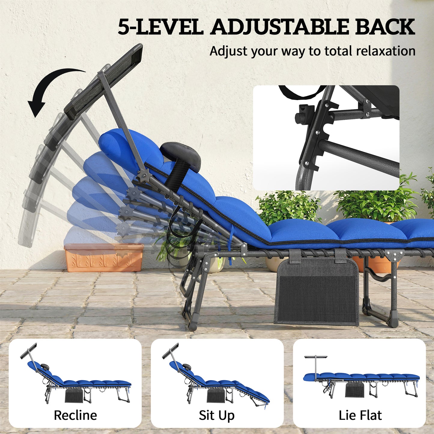 Outsunny Folding Sun Loungers Set Of 2 With Canopy Reclining Sunbed With Cushion Side Pocket Carrying Handle Dark Blue