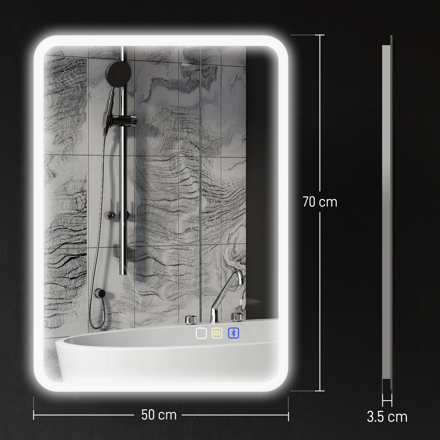 HOMCOM 70 x 50cm LED Bathroom Mirror With Bluetooth Demister Pad Adjustable Brightness Silver Tone