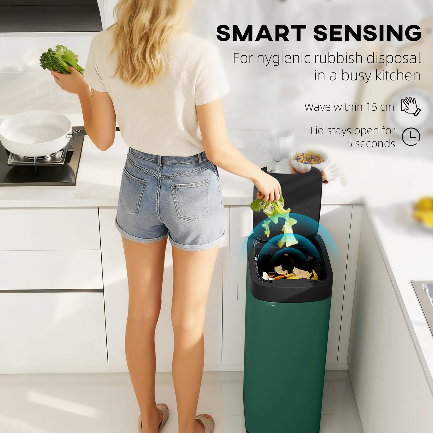 Homcom 50L Sensor Bin Automatic Kitchen Bin With Manual Override Battery Operated Handsfree Lid Inner Bucket Free Design