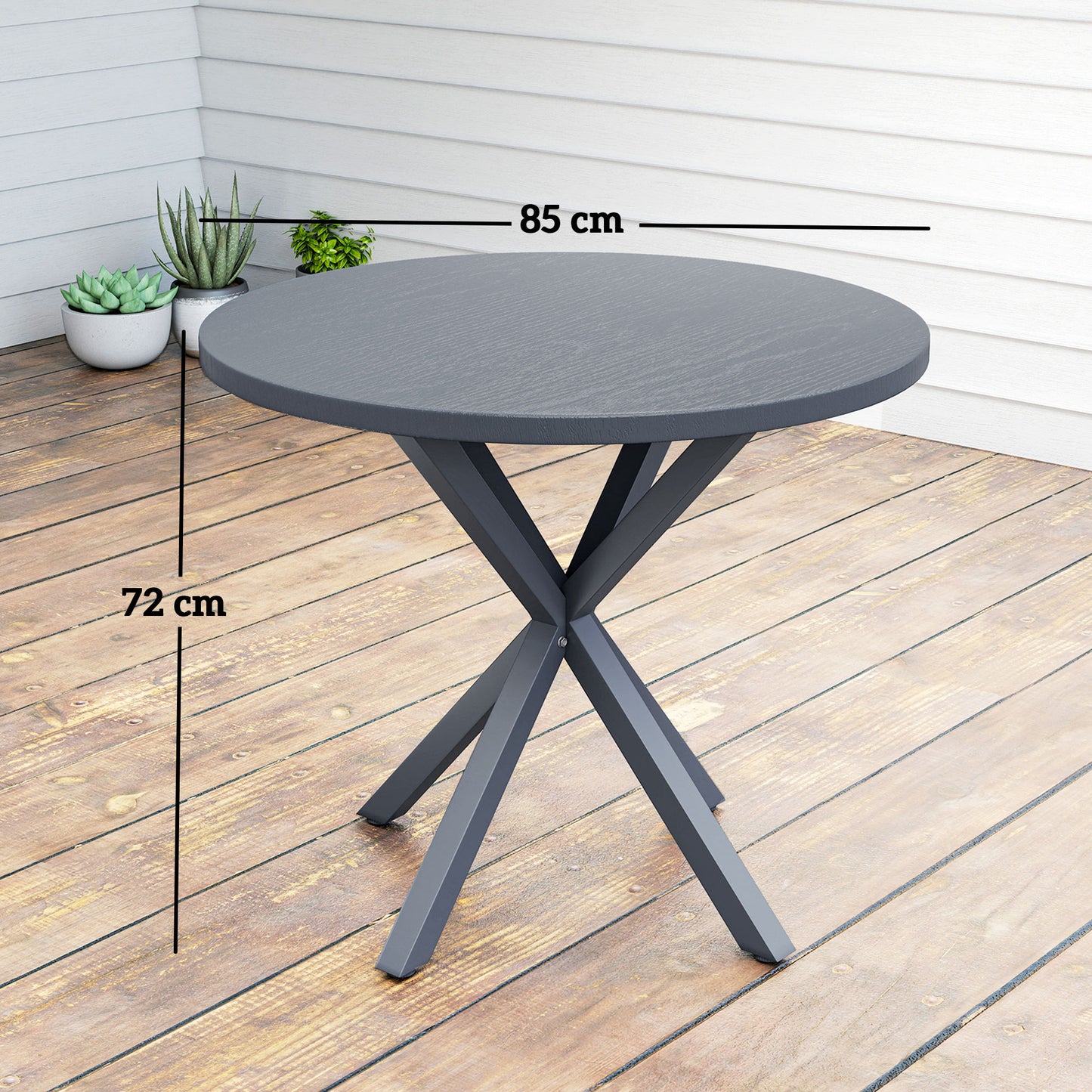 Outsunny 85cm Round Outdoor Dining Table With Steel Frame And Wood Effect Top For Balcony And Deck Dark Grey