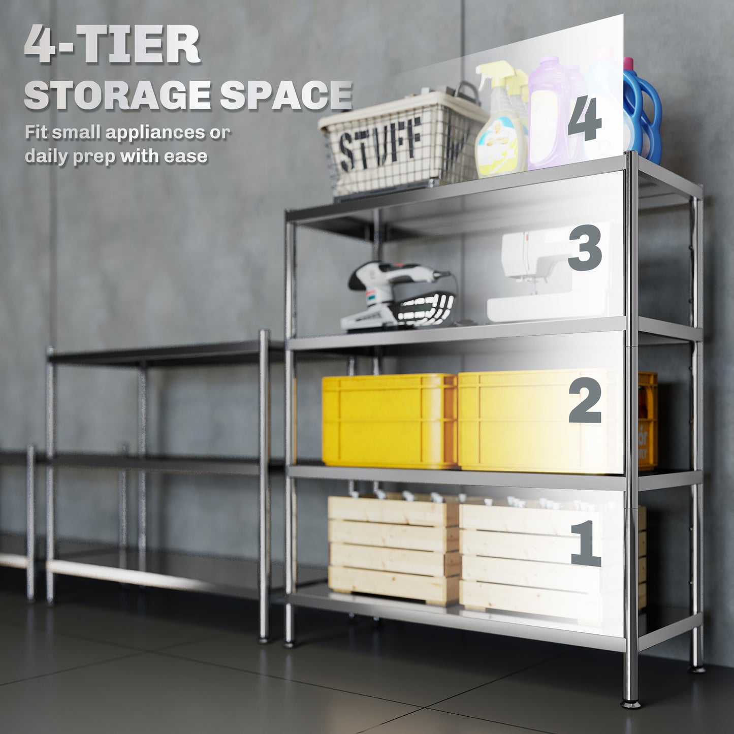 HOMCOM 4 Tier Stainless Steel Bakers Rack With Storage For Small Spaces And Microwave Stand Adjustable Shelves