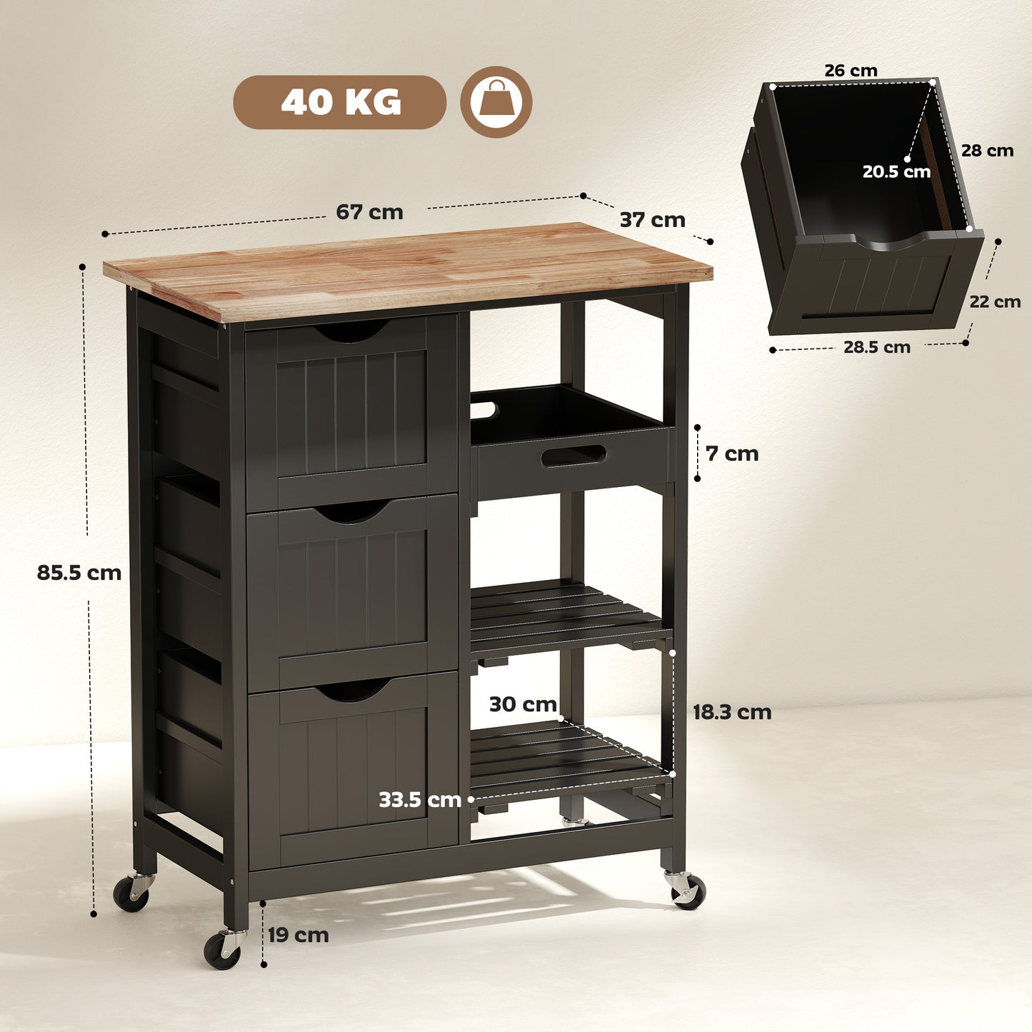 HOMCOM Rolling Kitchen Island Cart With Wood Top Shelves And Drawers Bar Serving Trolley On Wheels For Dining Room Black