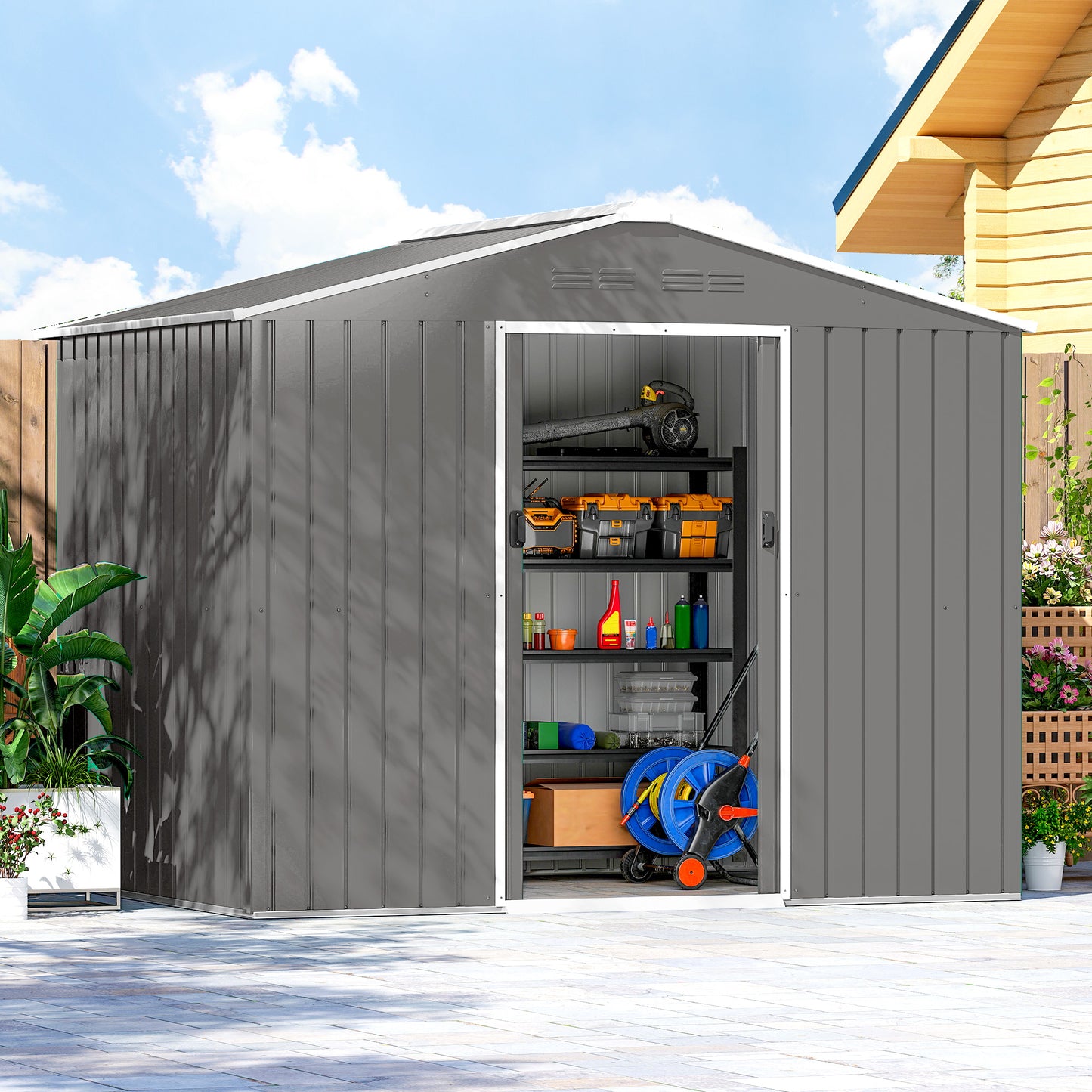 Outsunny 8 By 6 Ft Galvanised Steel Shed With Double Doors For Outdoor Tool And Garden Storage Light Grey