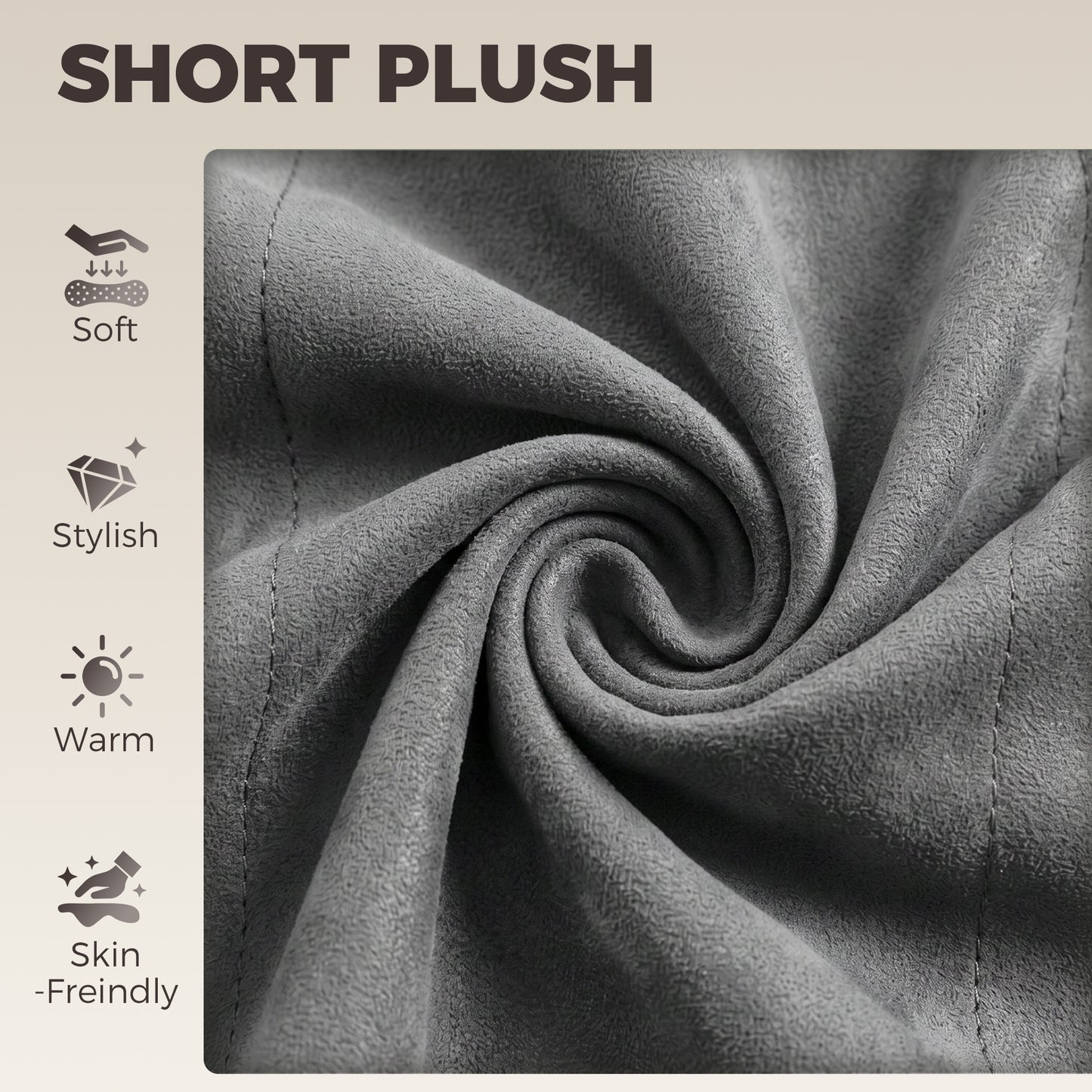 Close-up of grey plush velvet-look fabric on the round cushioned seat