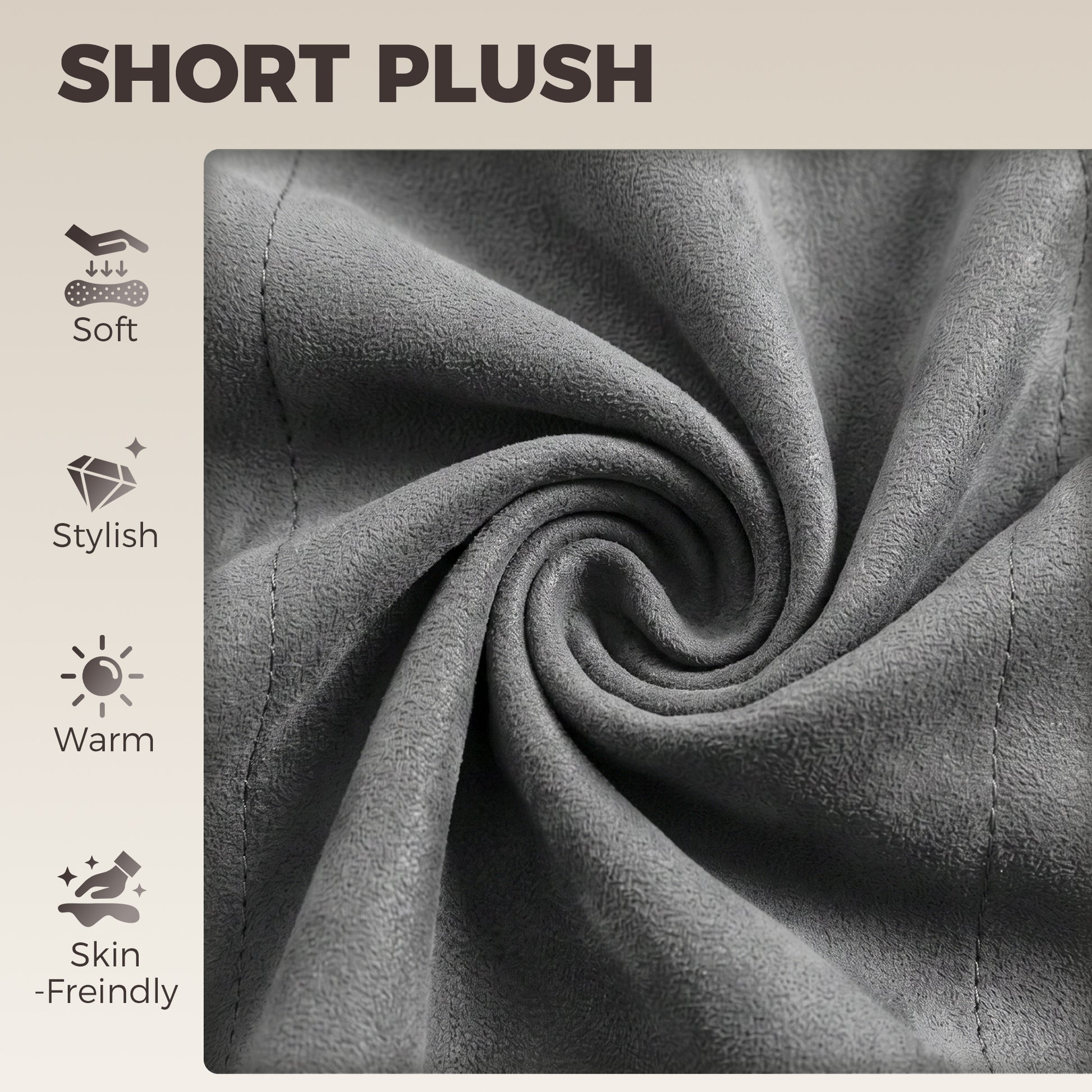 Close-up of grey plush velvet-look fabric on the round cushioned seat