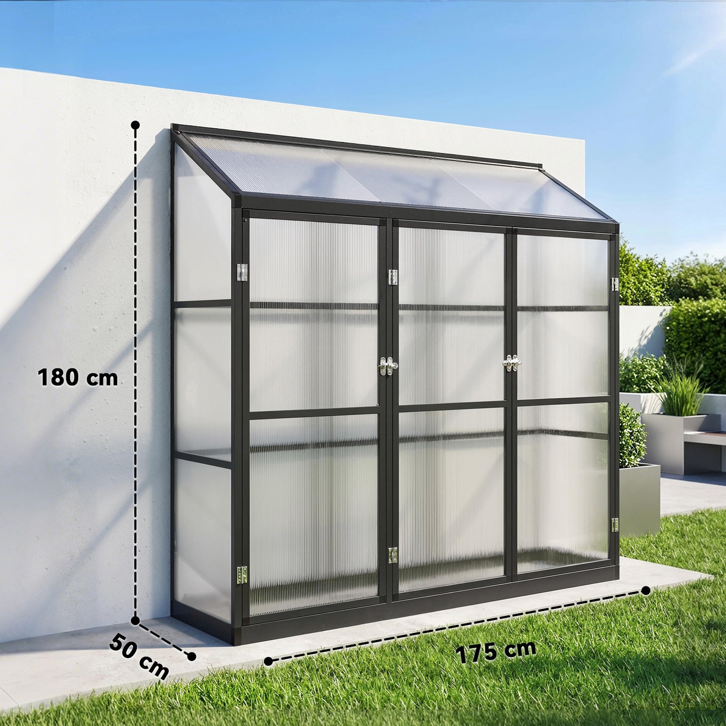 Outsunny Polycarbonate Greenhouse With Three Hinged Doors Top Vent Lean To Walk In 6 X 1.5ft Black