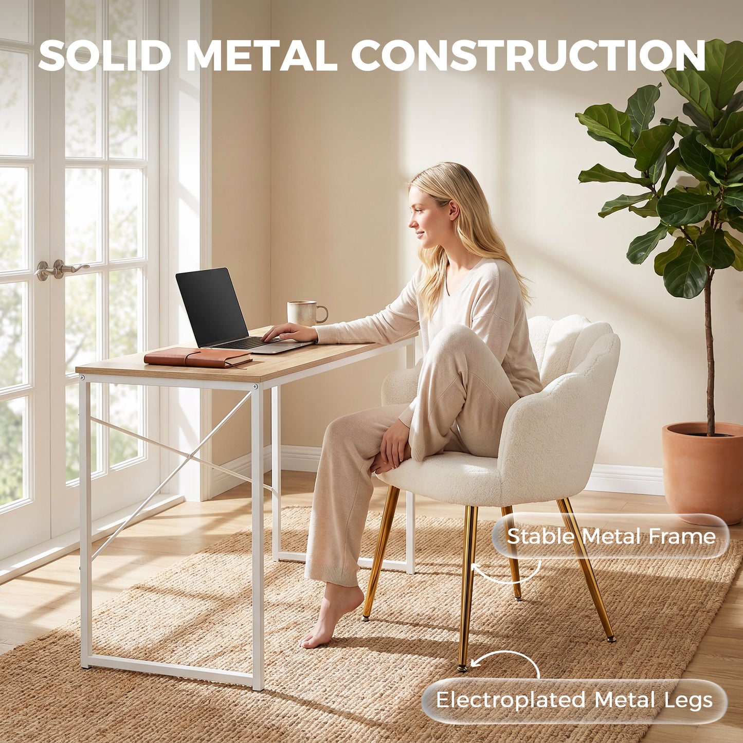 HOMCOM Petal Back Lounge Chair With Metal Legs Cream Armchair For Living Room And Bedroom