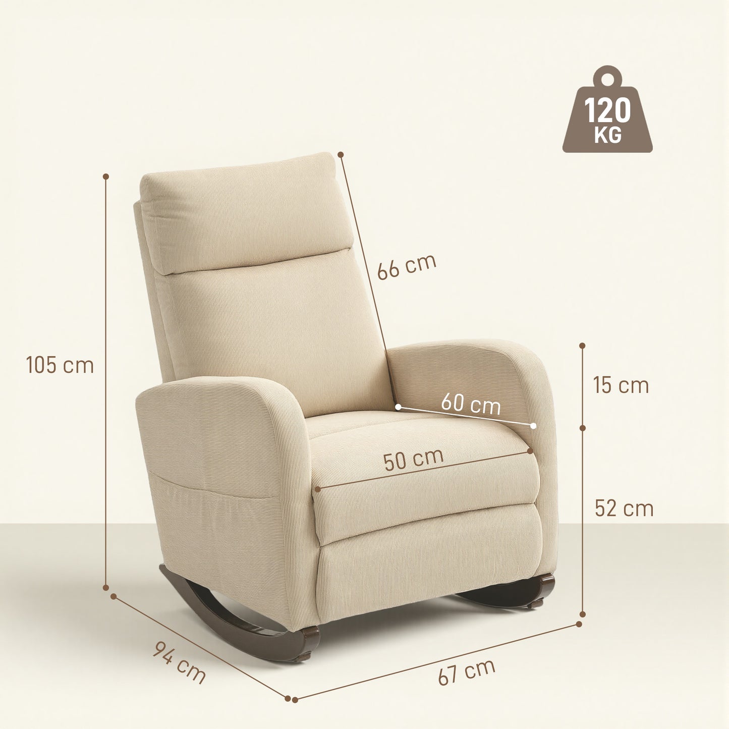 HOMCOM Corduroy Rocking Armchair Beige With 11 Degree Rocking Base And Thick Padding For Superior Comfort