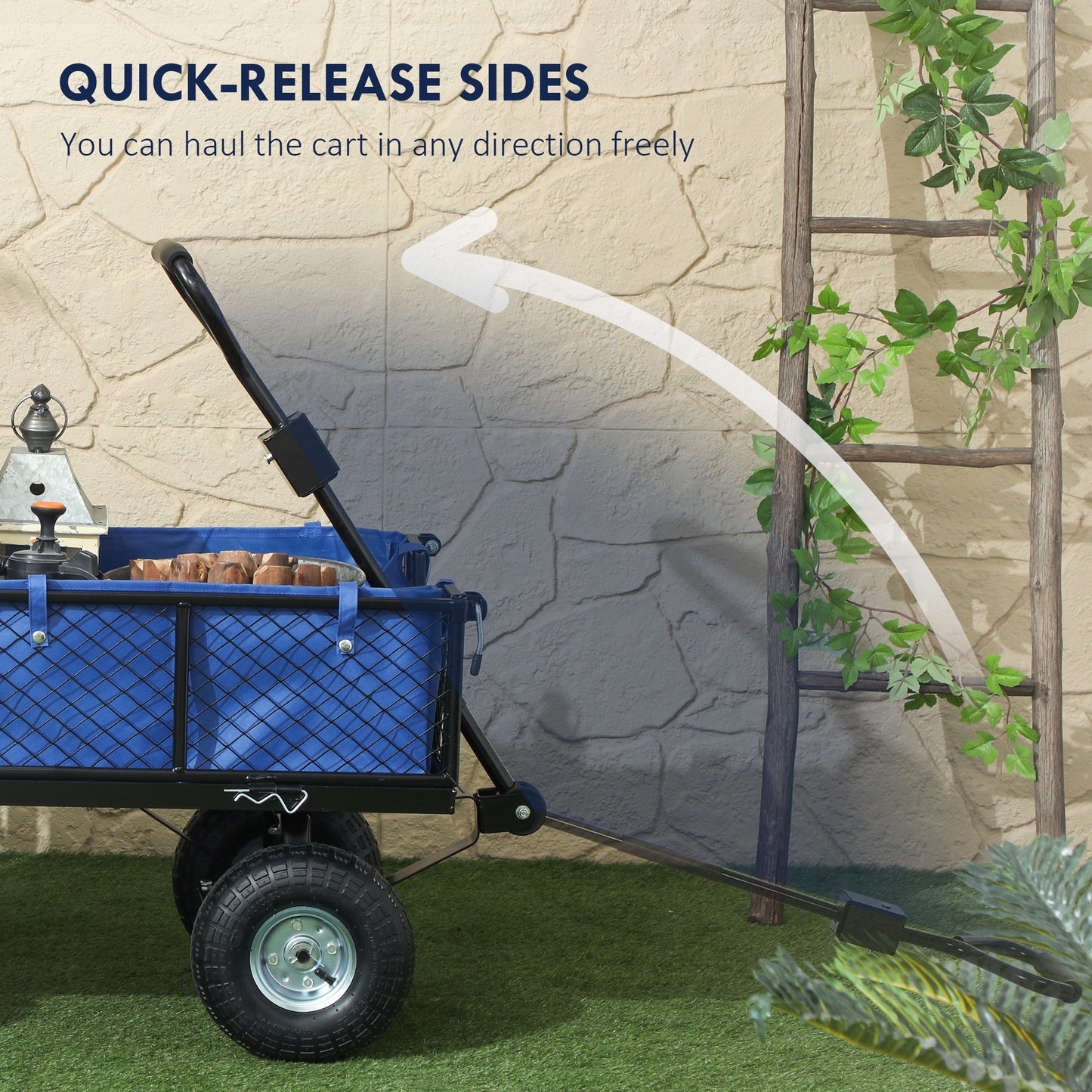 Outsunny 114L Steel Frame Garden Cart Trolley Heavy Duty With Removable Waterproof Bag Blue
