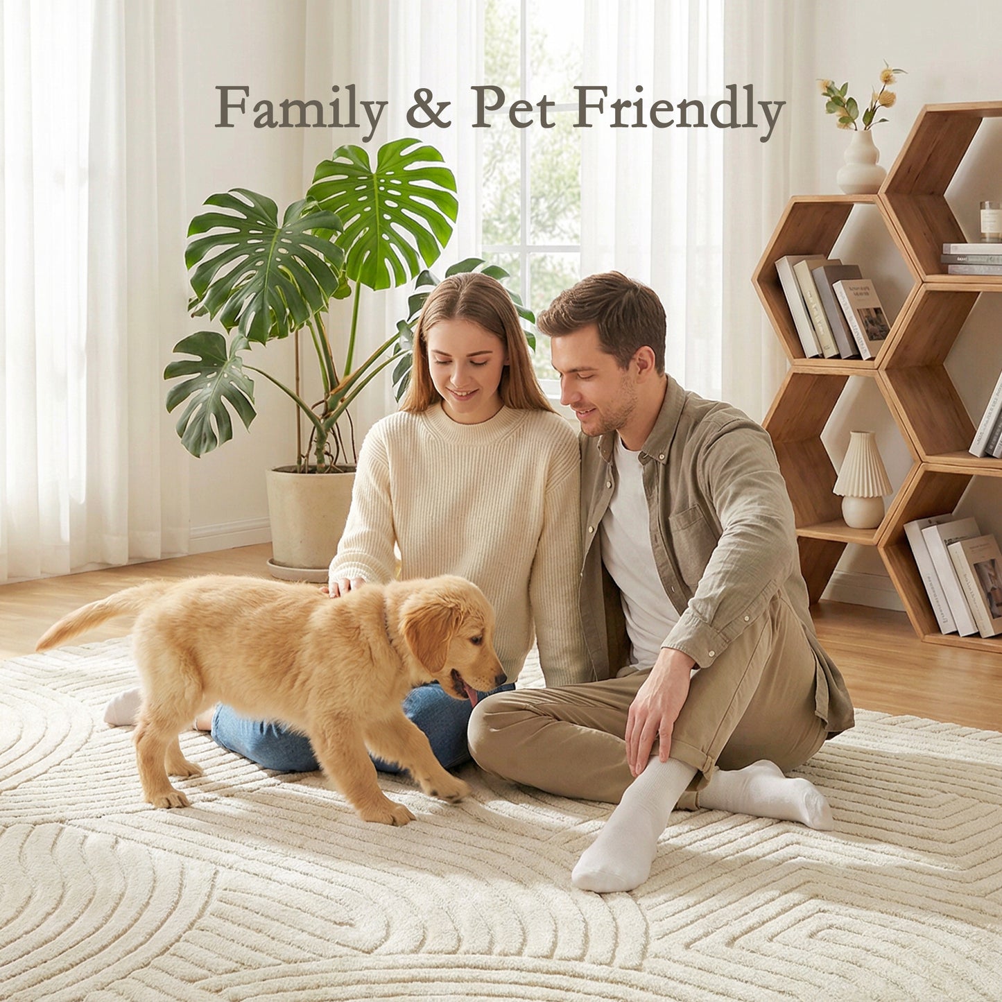 HOMCOM Modern Geometric Rug Thick Plush Non Slip 200 x 140 cm Cream Living Room Bedroom Office Jacquard