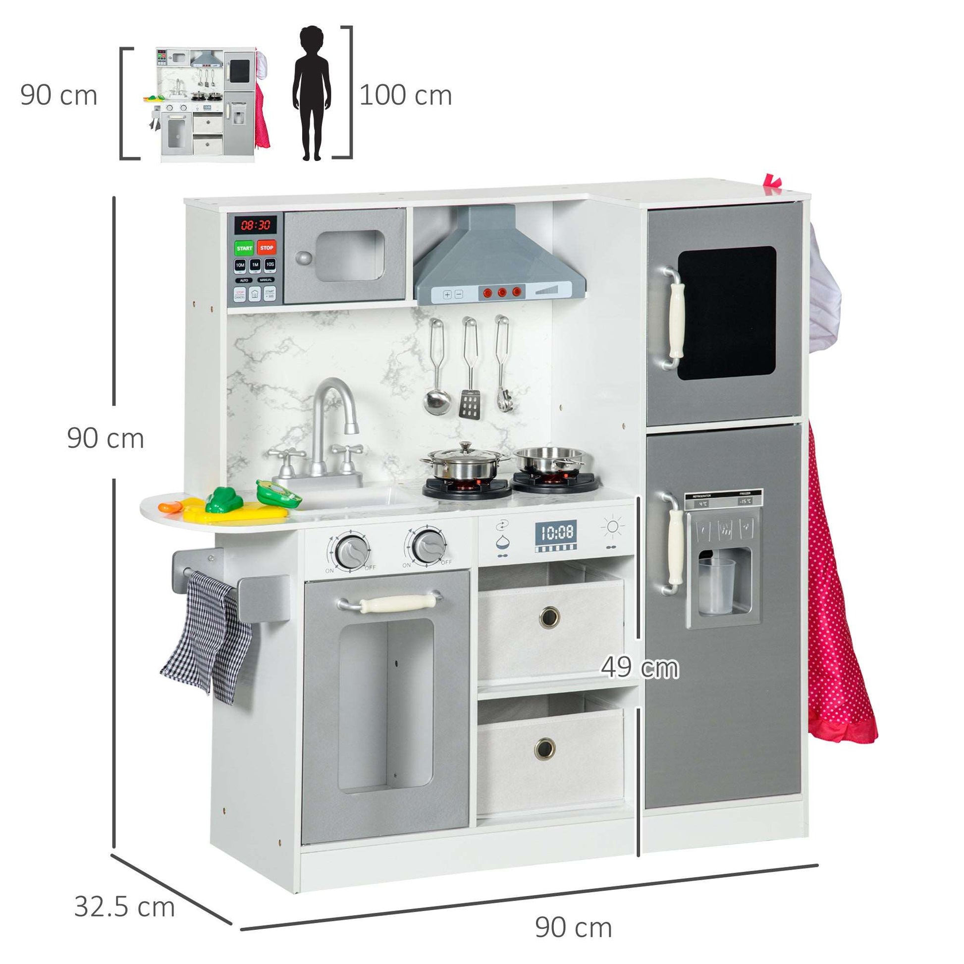 AIYAPLAY Toy Kitchen with Lights Sounds Apron Chef Hat Ice Maker Microwave for 3-6 Years Old White - ALL4U RETAILER LTD