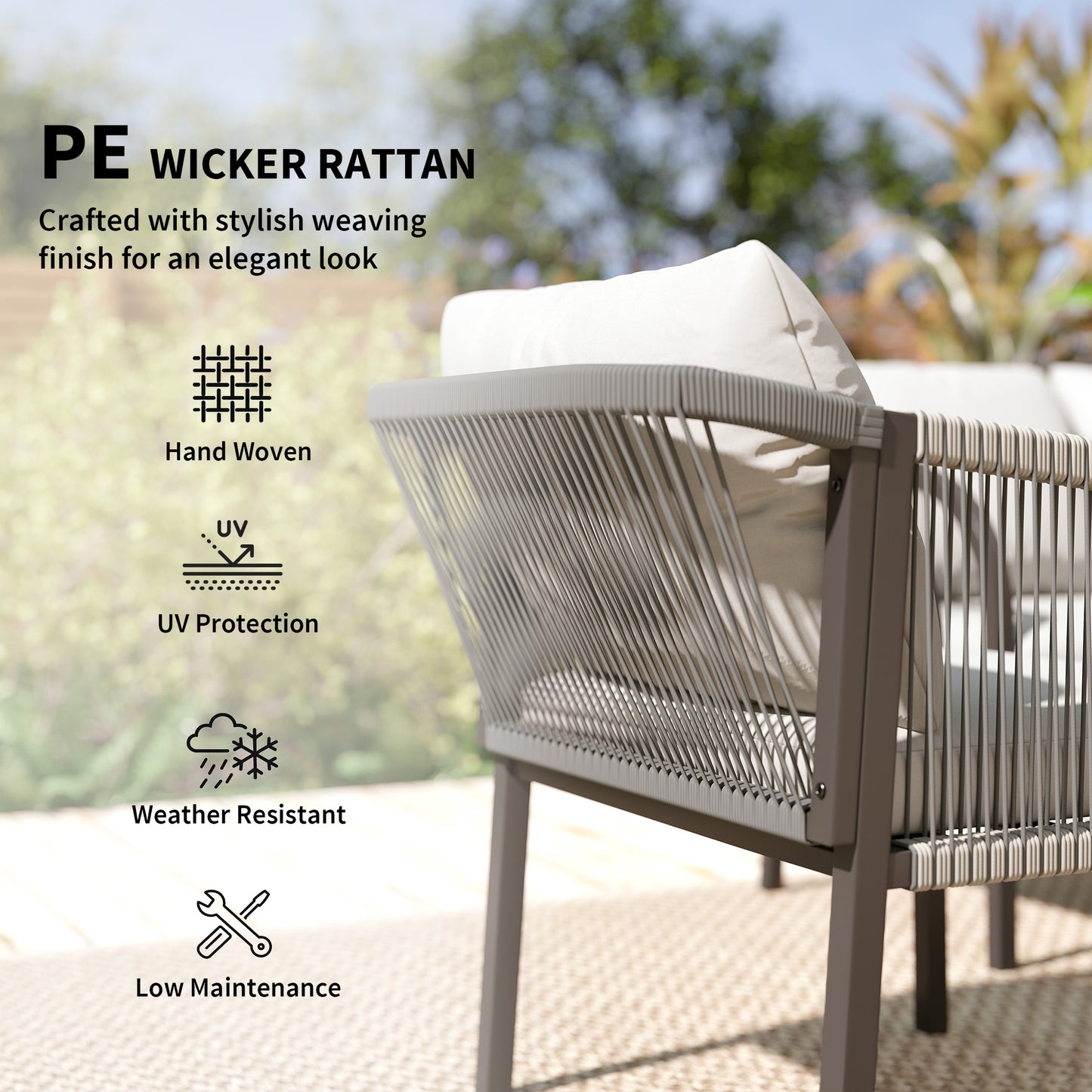 Outsunny 4 Piece Rattan Garden Furniture Set Loveseat Armchairs Table Steel Frame Wicker Patio Conversation Set Grey