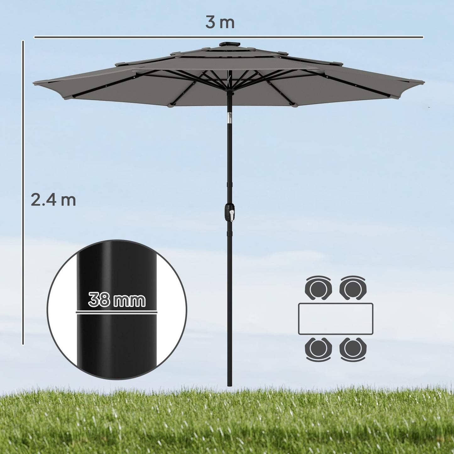 Outsunny Garden Parasol 3 Tier Roof Tilt Function Crank Handle Grey Polyester Canopy