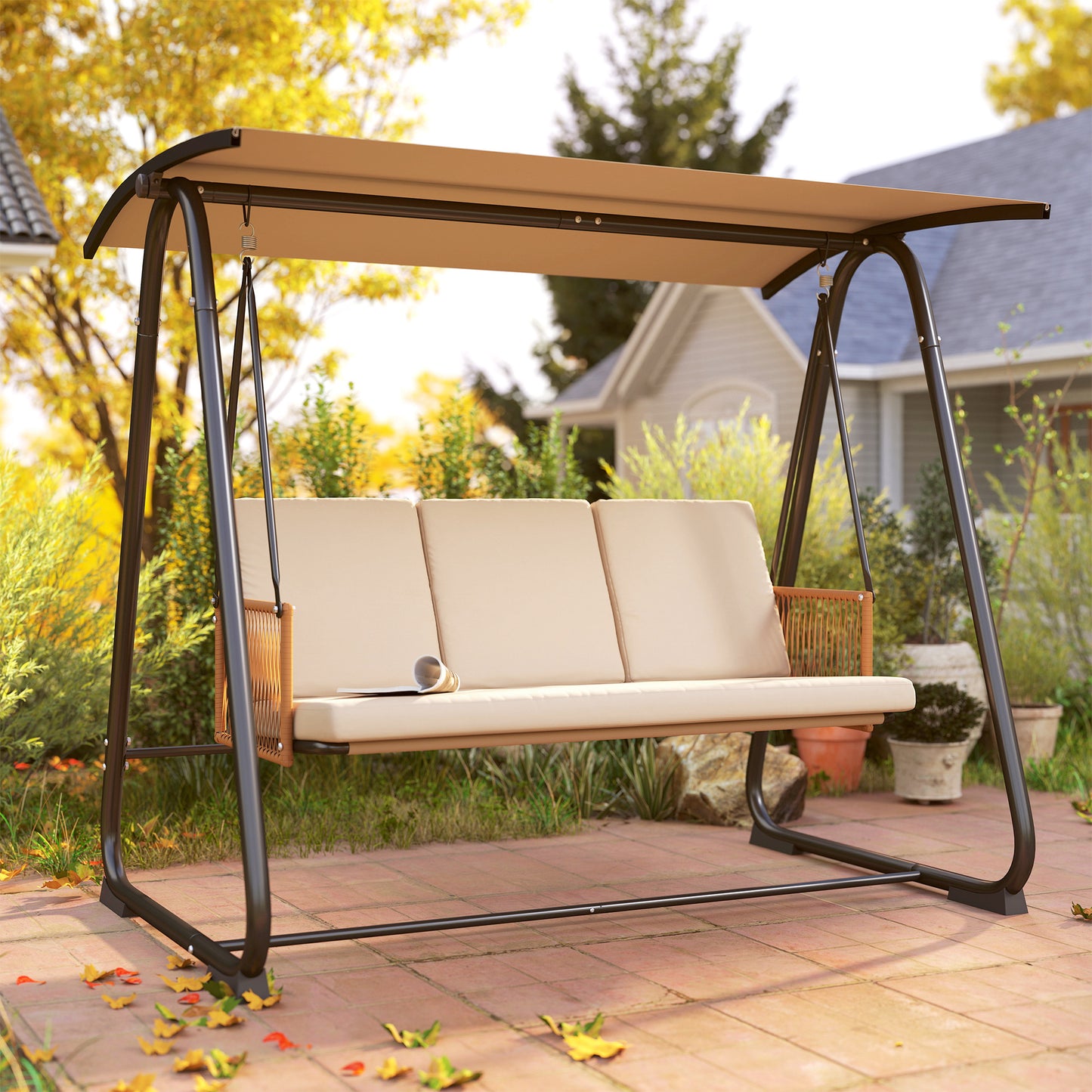 Outsunny 3 Seater Swing Chair With Adjustable Canopy Garden Swing Seat Outdoor Hammock Bench Cushions Sand Brown