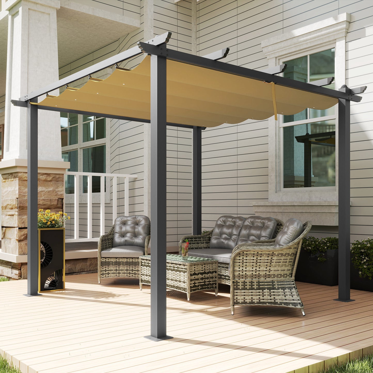 Outsunny 3x3m Aluminium Pergola With Retractable Roof Khaki For Outdoor Patio And Garden Space