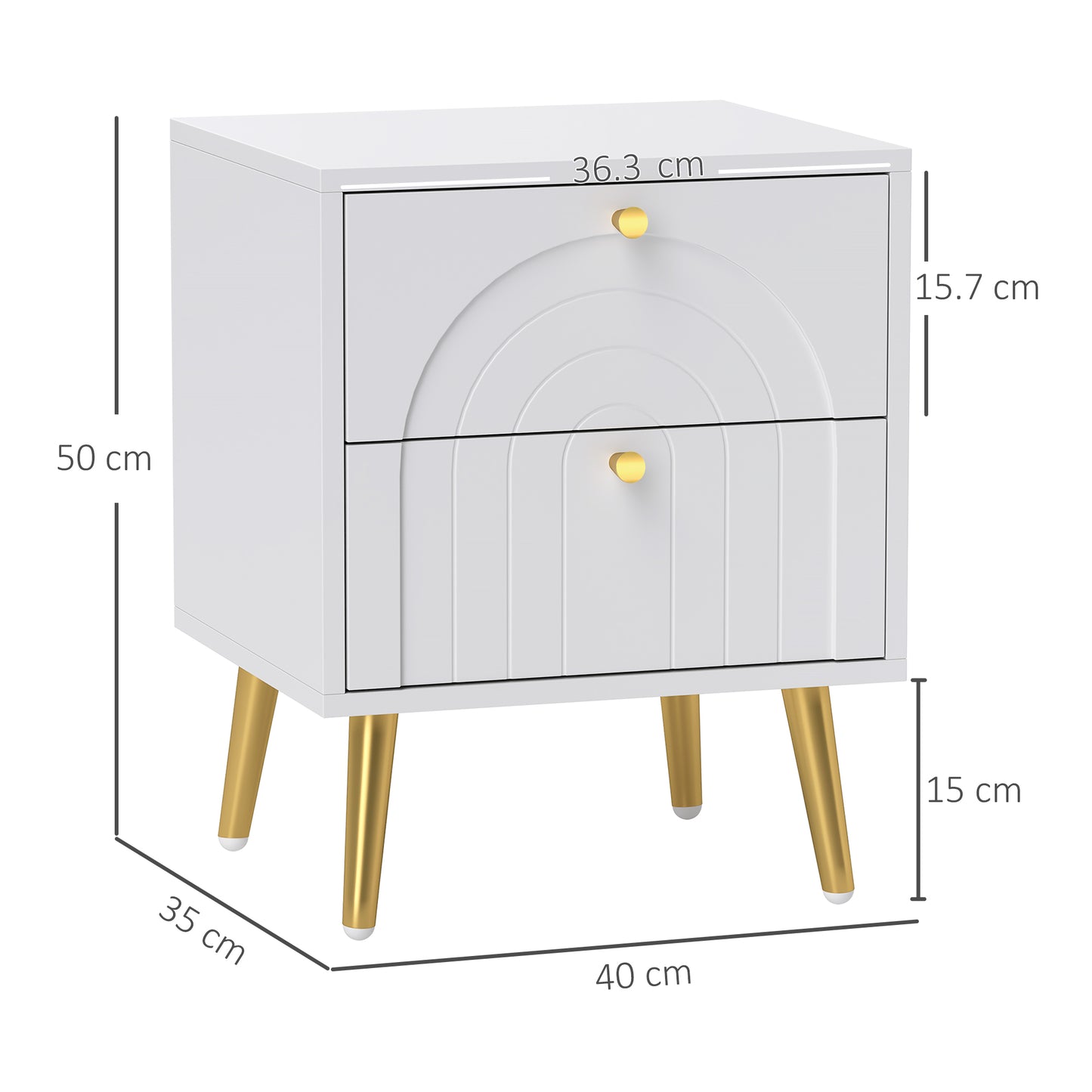 HOMCOM 2 Drawer Bedside Table Set of 2 White Nightstands With Gold Tone Pulls and Legs