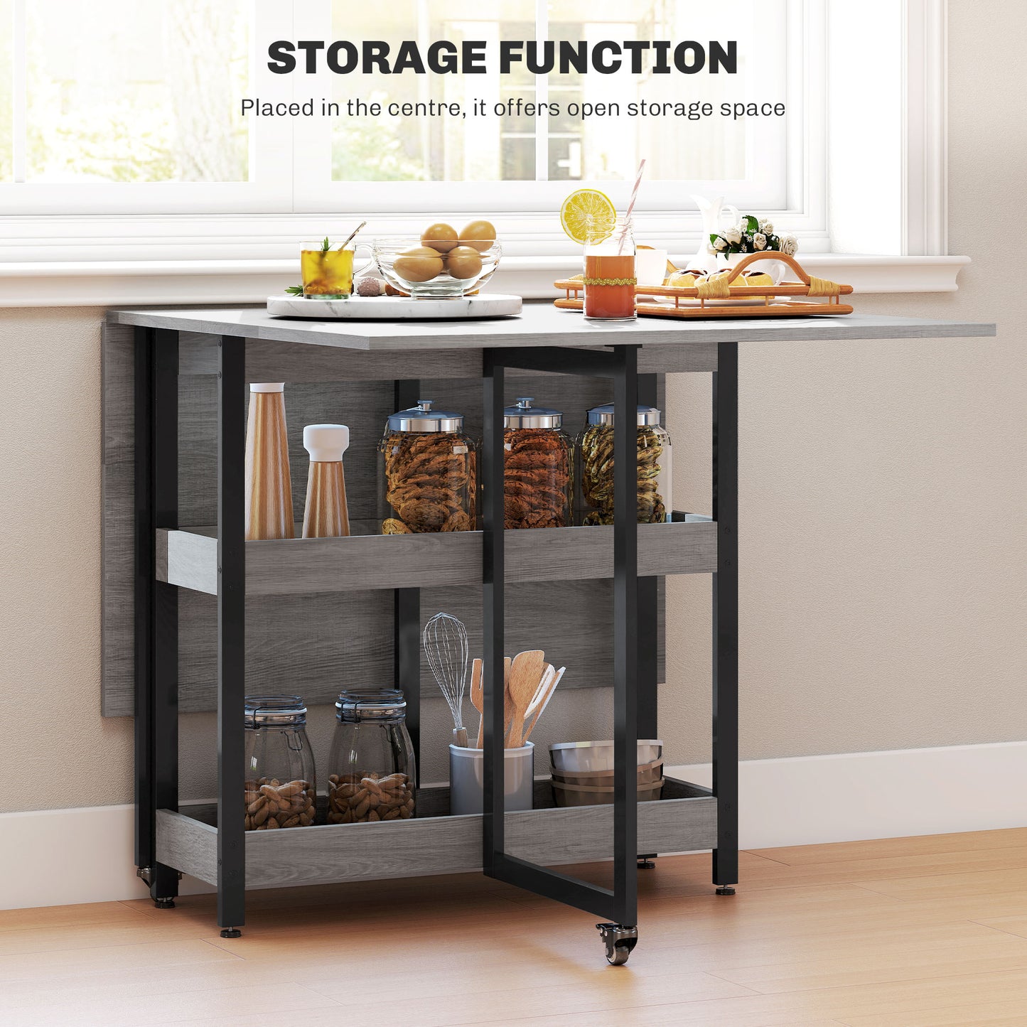 HOMCOM Four Person Drop Leaf Dining Table Grey Wood Effect For Small Spaces Versatile Use