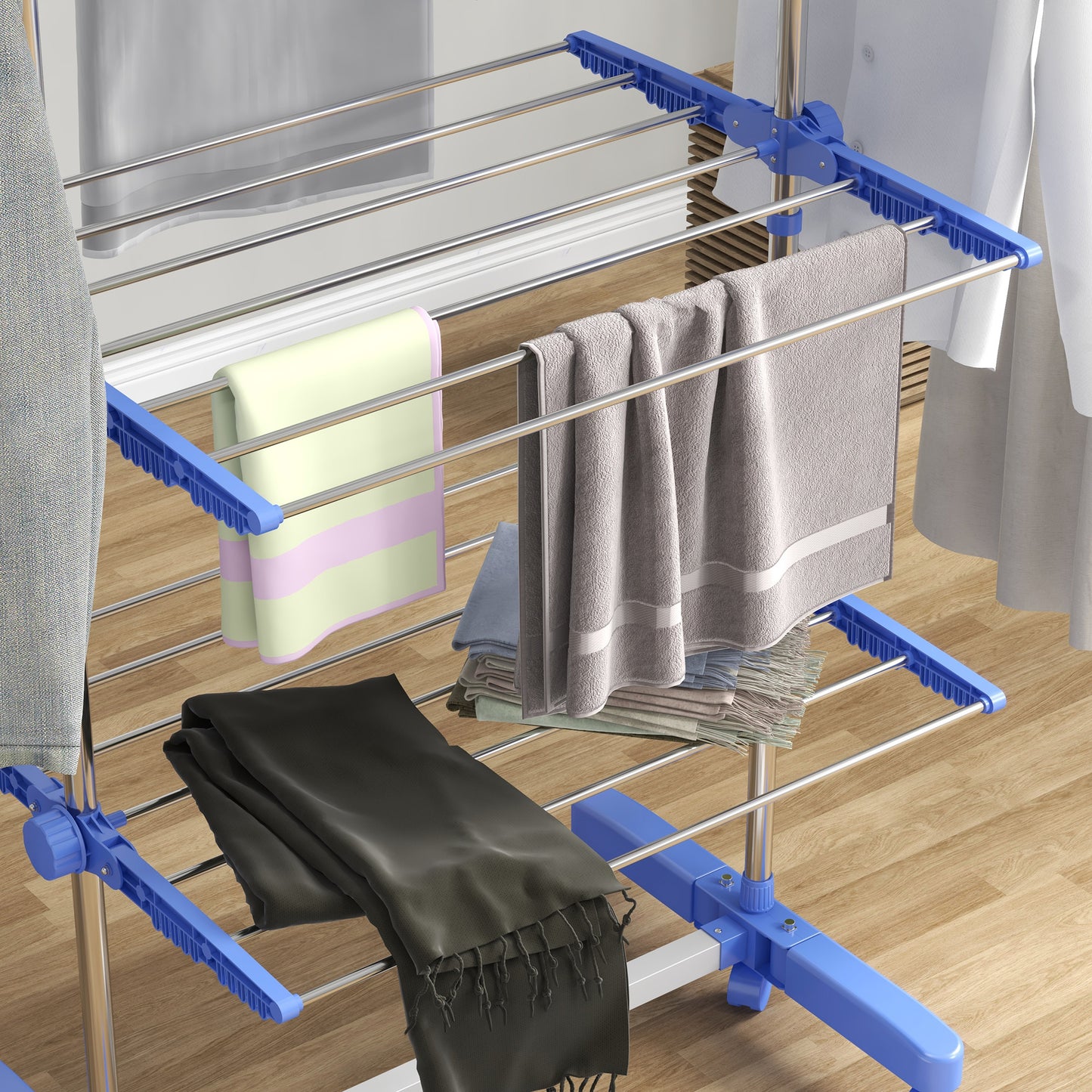 HOMCOM Portable 4-Tier Stainless Steel Clothes Drying Rack with Wheels and Folding Wings for Indoor & Outdoor Use - ALL4U RETAILER LTD