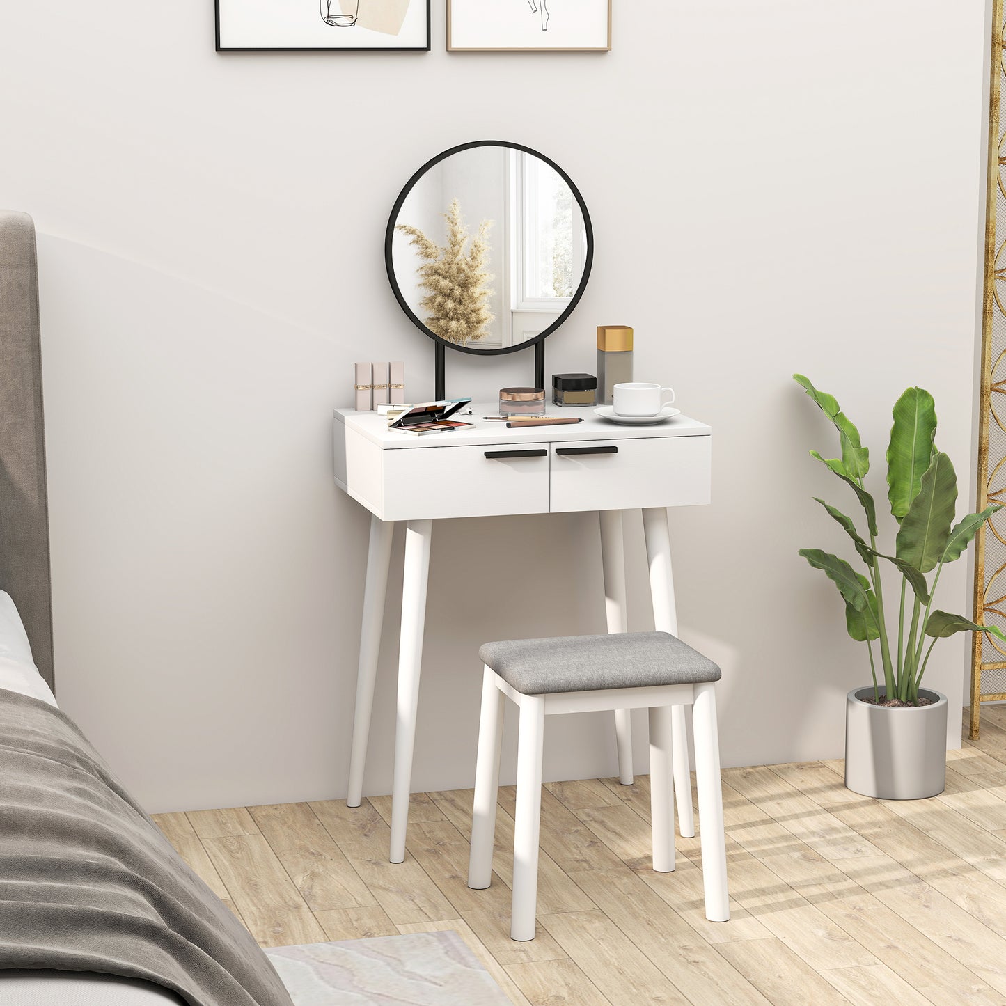 HOMCOM Modern Dressing Table With Round Mirror And Stool, Makeup Vanity With 2 Drawers In White, 60 x 40 x 123 Cm