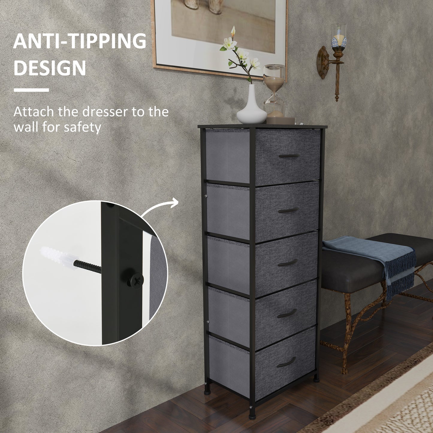 HOMCOM Fabric Chest of Drawers With 5 Fabric Drawers Industrial Steel Frame And Wooden Top Dark Grey