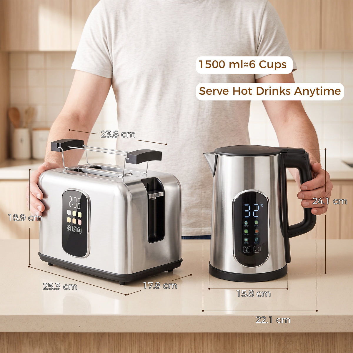 Stainless steel toaster and electric kettle with LED touch screens for hot drinks