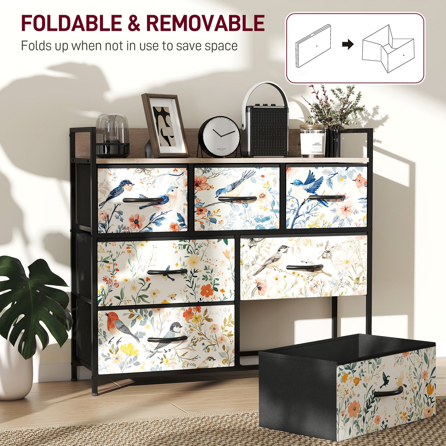 HOMCOM Seven Drawer Fabric Chest Of Drawers In White With Patterned Panels For Bedroom Organization
