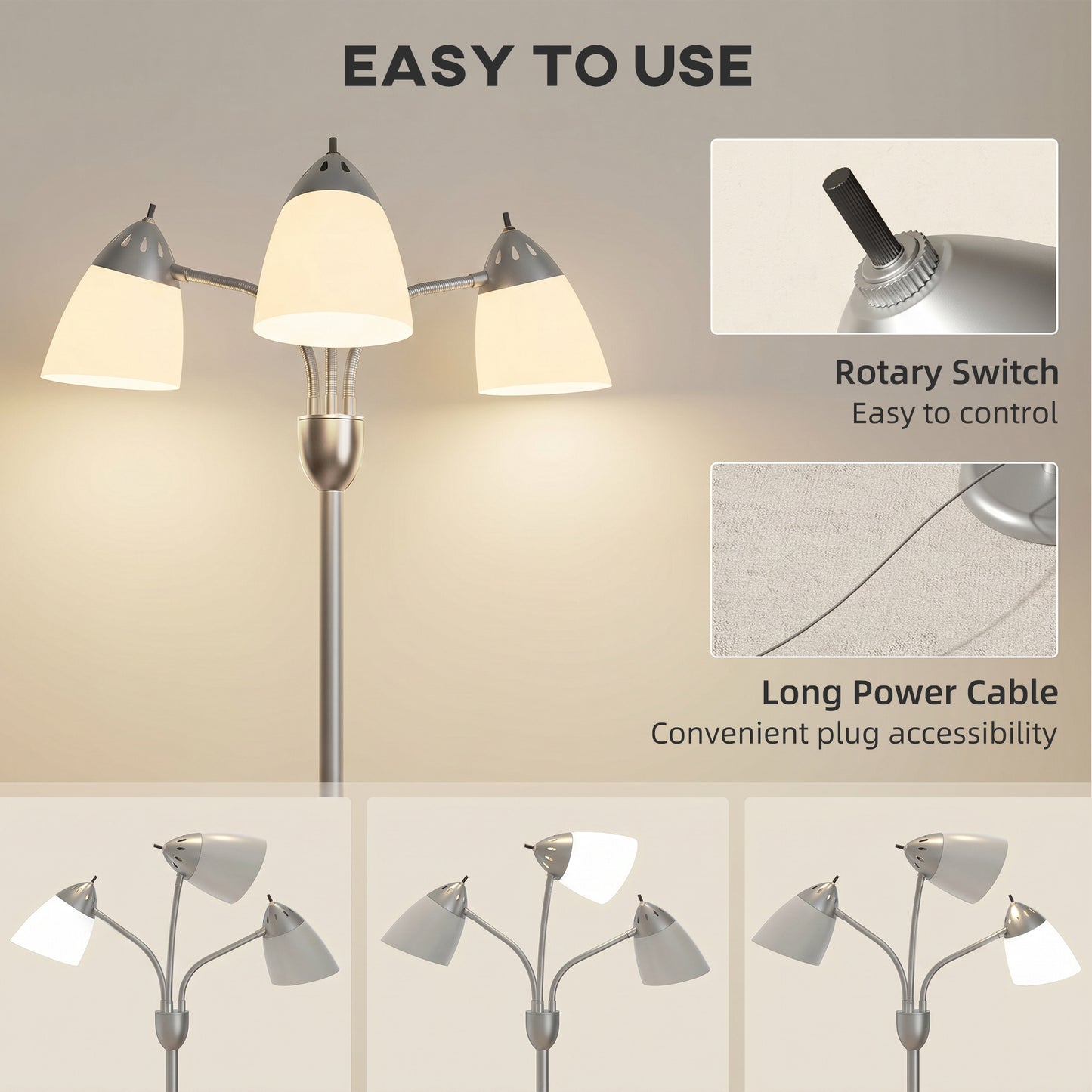 HOMCOM Arc Tree Floor Lamp With Three Adjustable Rotating Lights And Color Temperatures 3000K 4500K 6500K Silver Tone