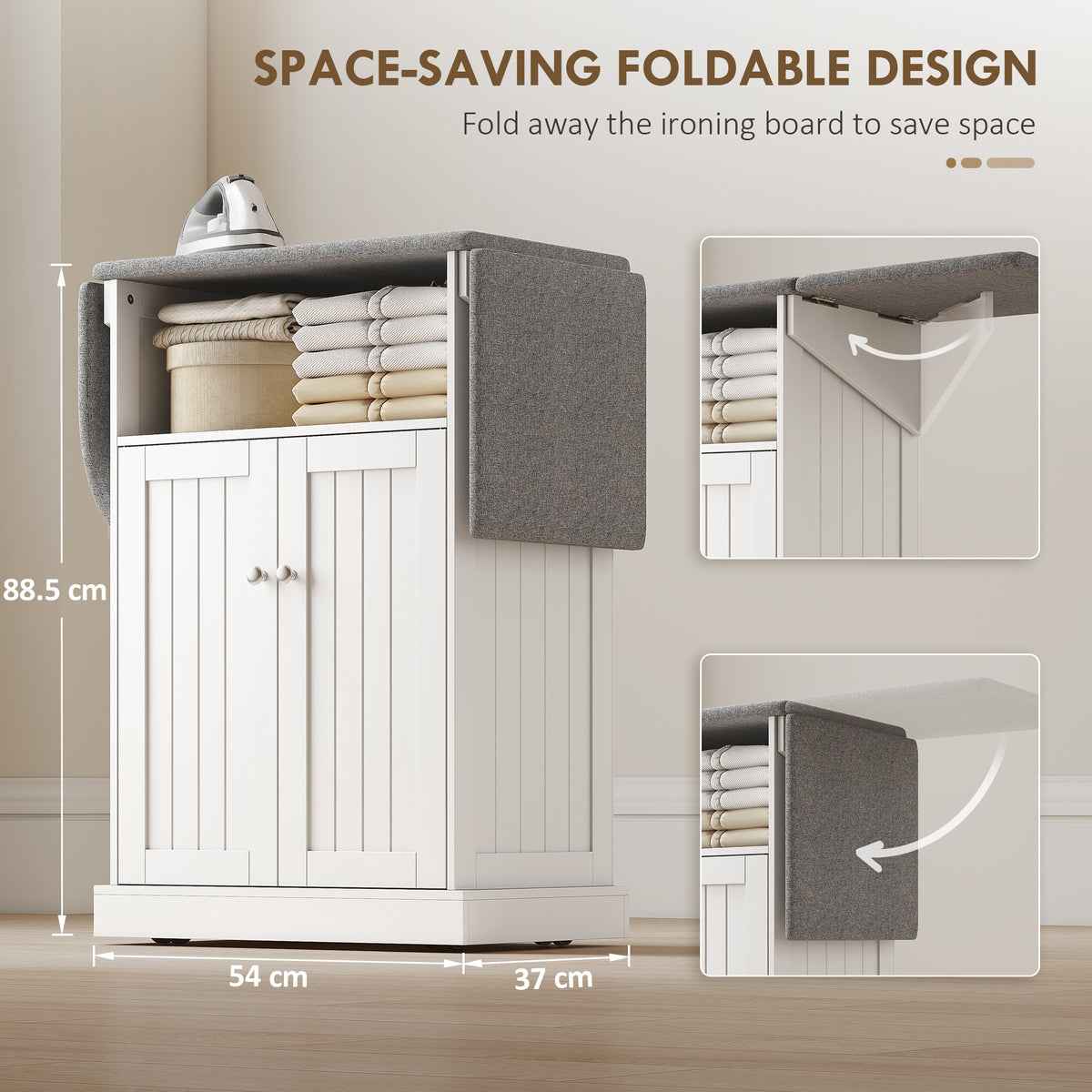 HOMCOM Mobile Ironing Board Cabinet on Wheels with Foldable Top and Storage