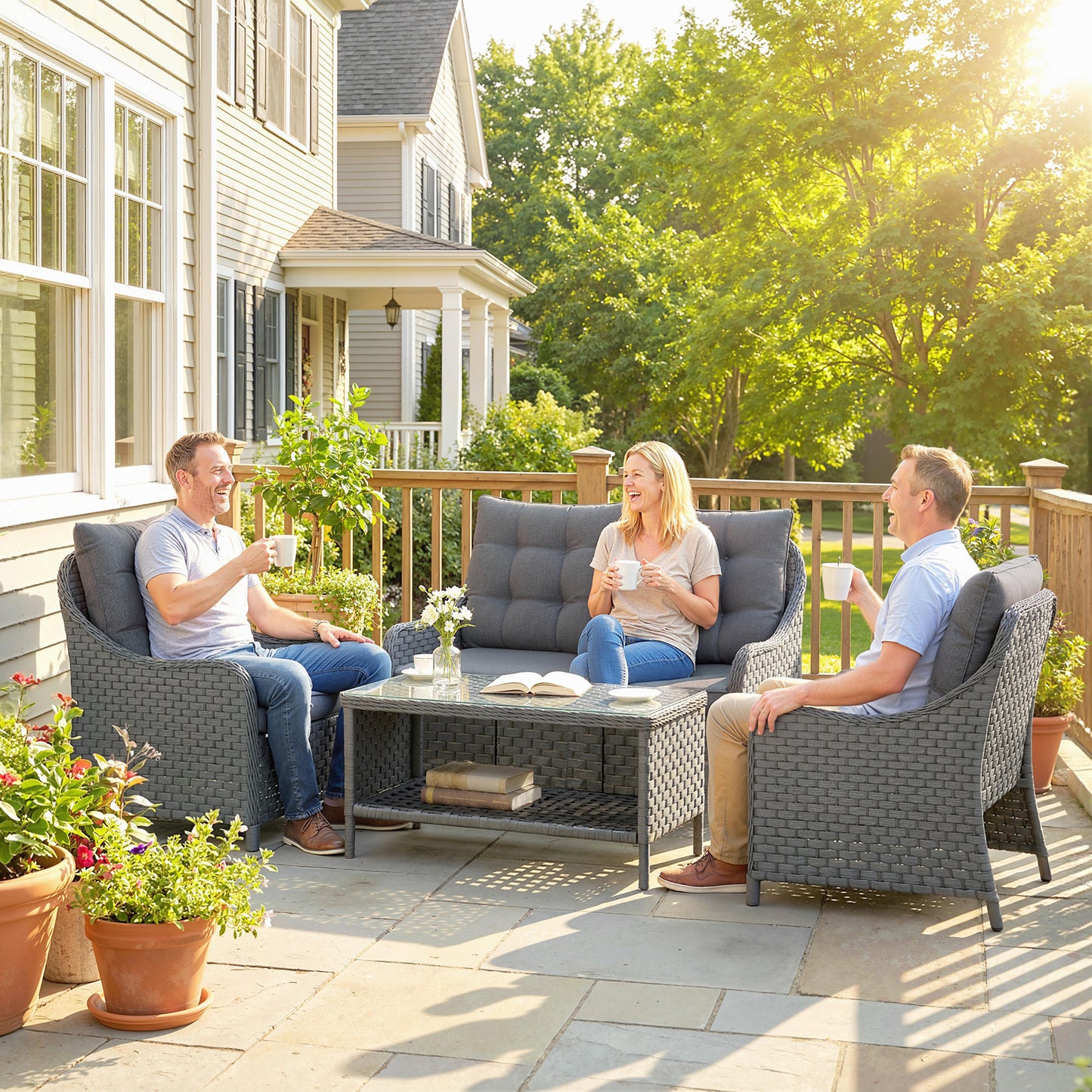 Outsunny Four Piece Wicker Patio Furniture Set With Two Armchairs Loveseat And Glass Coffee Table In Dark Grey