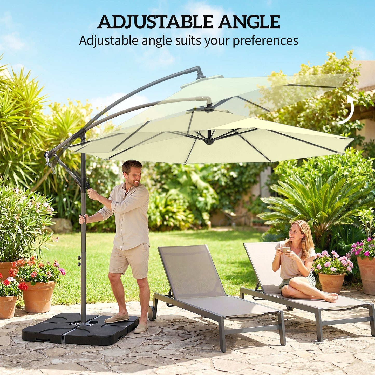 Outsunny 3m Overhanging Cantilever Parasol With Base Weights And Cover Beige For Outdoor Patio