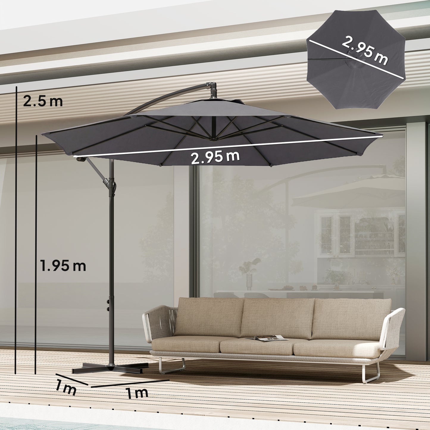 Outsunny 3 Meter Overhanging Cantilever Parasol With Cross Base Grey UV Resistant Polyester Fabric
