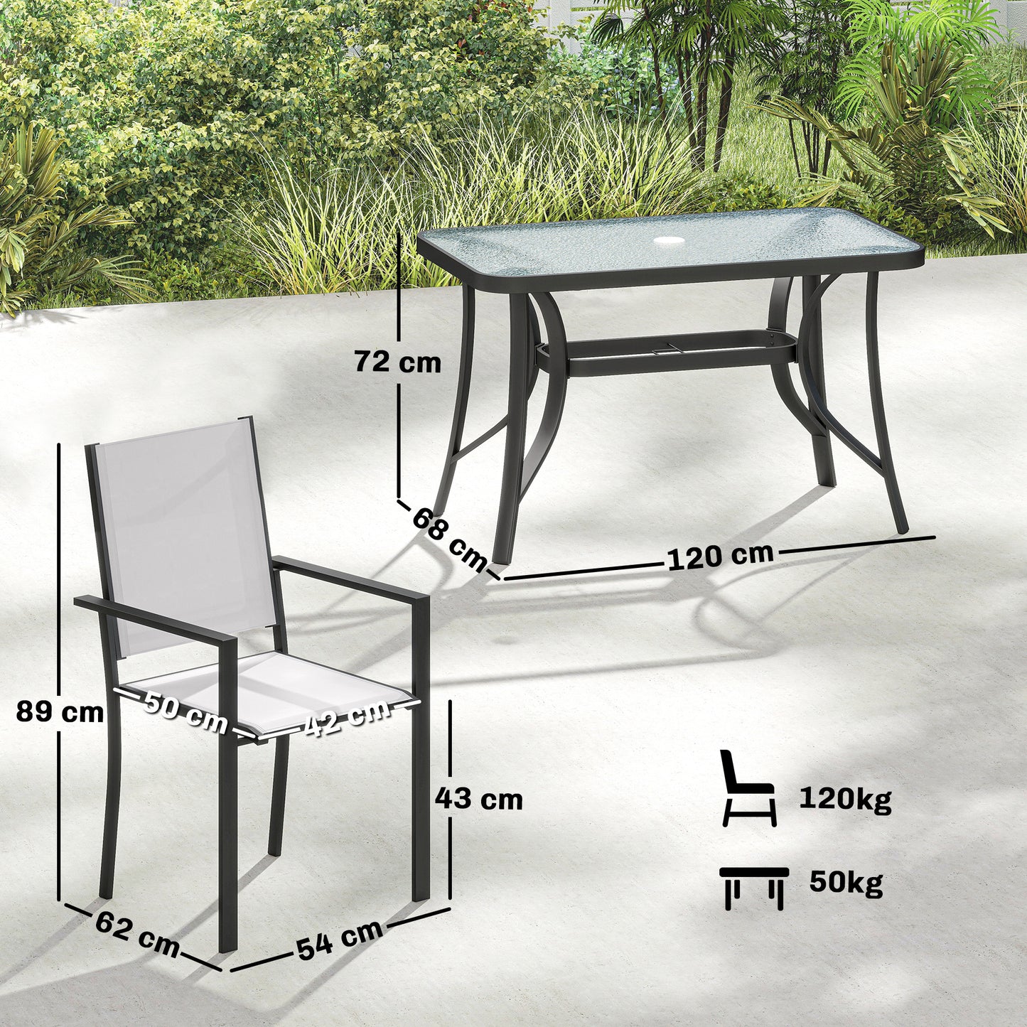 Outsunny Garden Dining Set for 4 with Umbrella Hole and Glass Top Table Stackable Chairs Light Grey