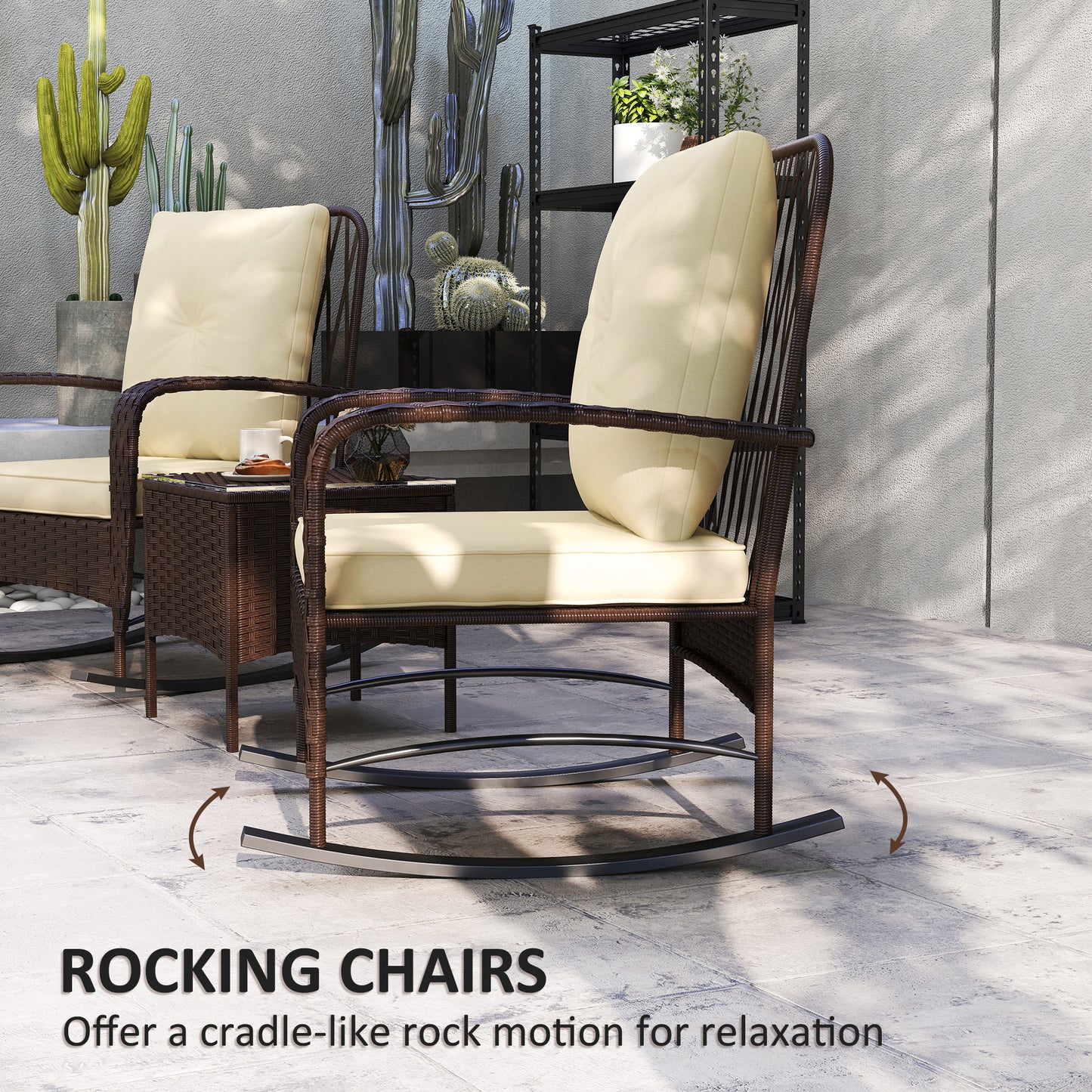 Outsunny Three Piece Rattan Bistro Set With Glass Top Table Two Rocking Chairs Brown Outdoor Garden