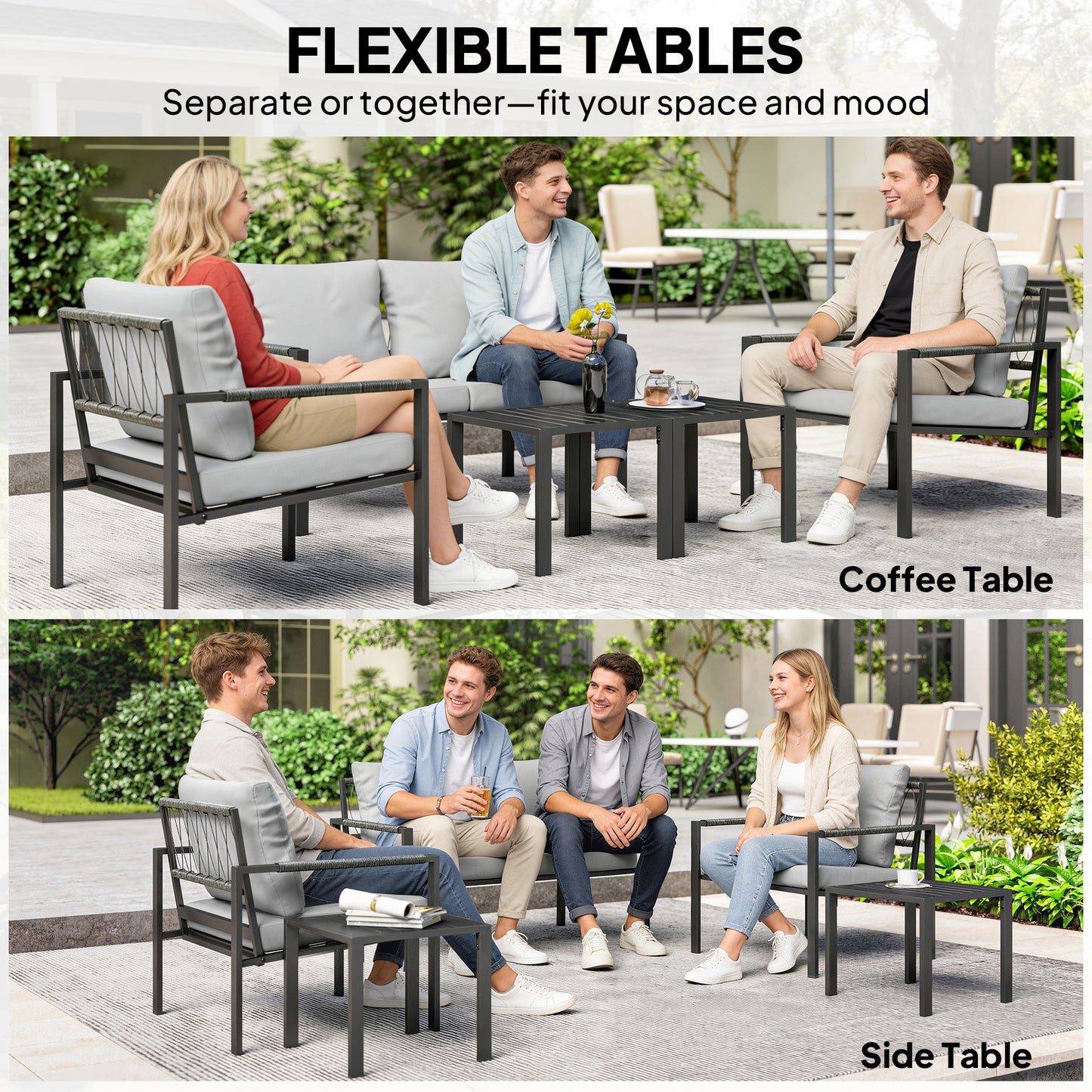 Outsunny 5 Piece Garden Furniture Set With Thickened Cushions Sofa Loveseat Armchairs And Coffee Tables Light Grey