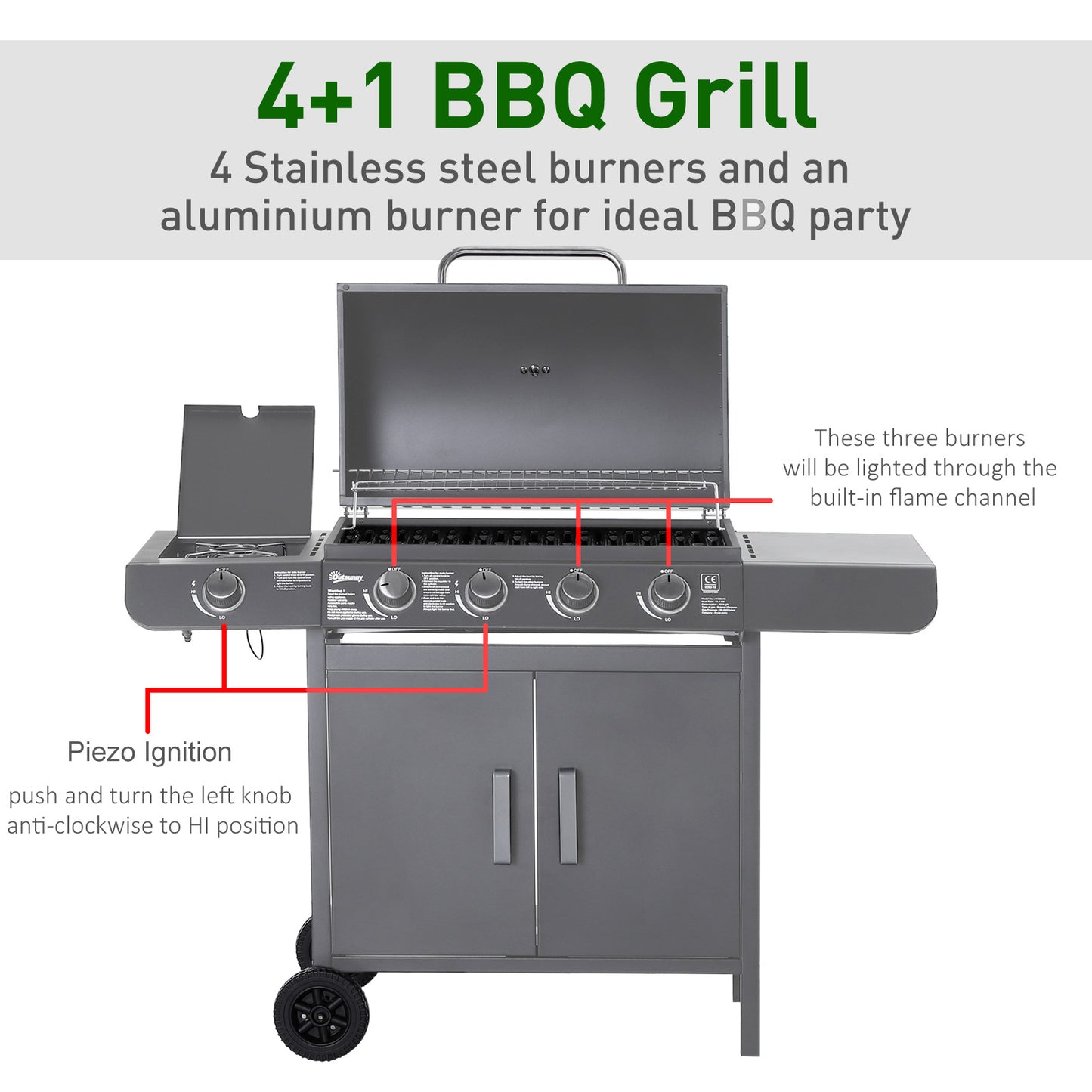 Outsunny 4 Burner And 1 Side Burner Gas BBQ Grill With Wheels Warming Rack And Side Shelves For Garden Party Camping