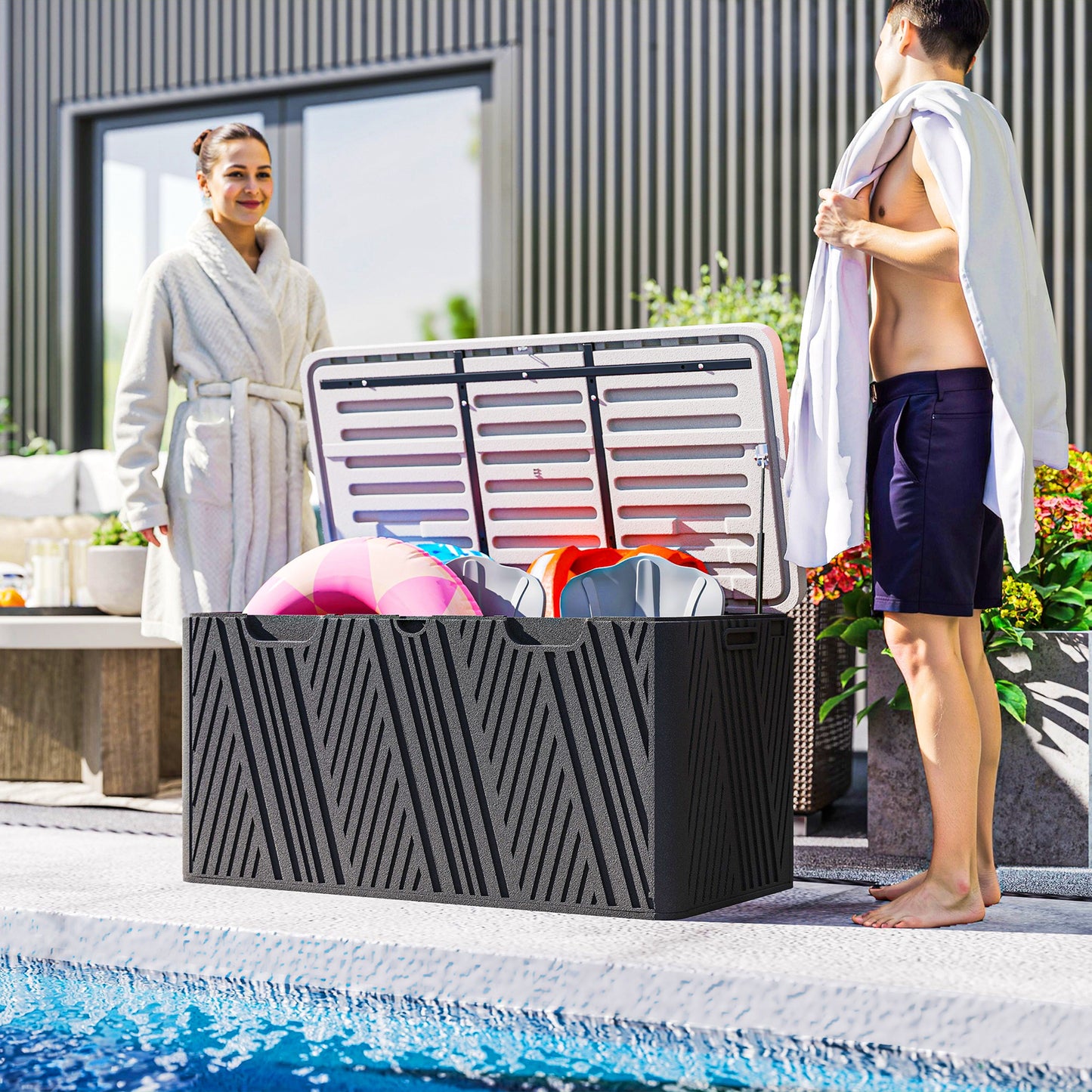 Outsunny 380L Waterproof Outdoor Storage Box With Lockable Lid Black For Garden Tools And Patio Supplies
