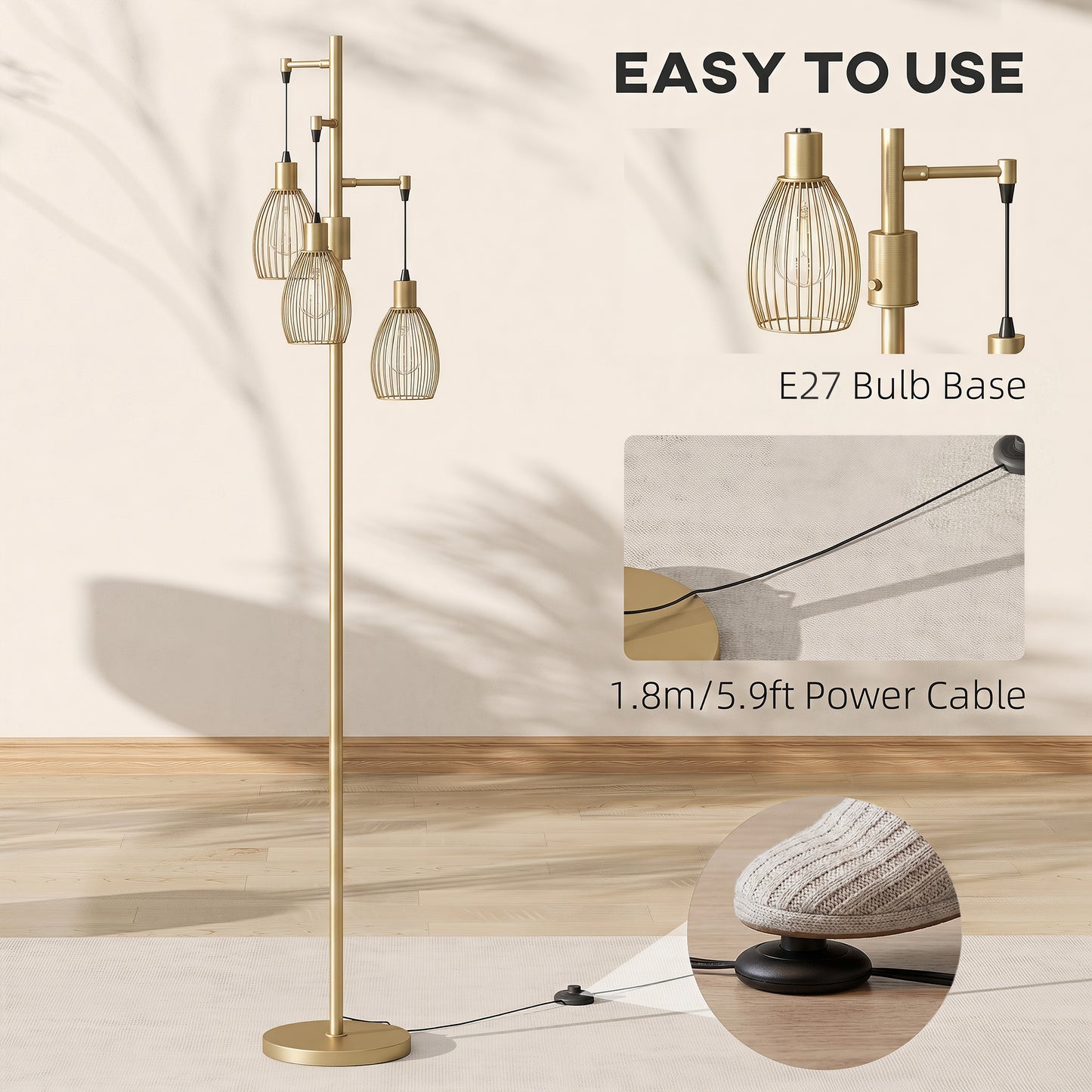 HOMCOM Industrial Dimmable 3 Light Floor Lamp With Steel Wire Cage Lampshades In Gold Tone 170cm Tall