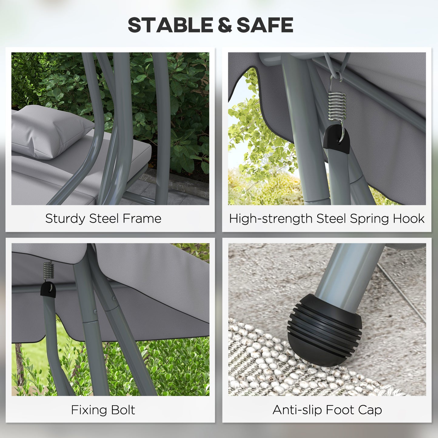 Outsunny Three Person Garden Swing Chair With Adjustable Canopy Light Grey Powder Coated Steel