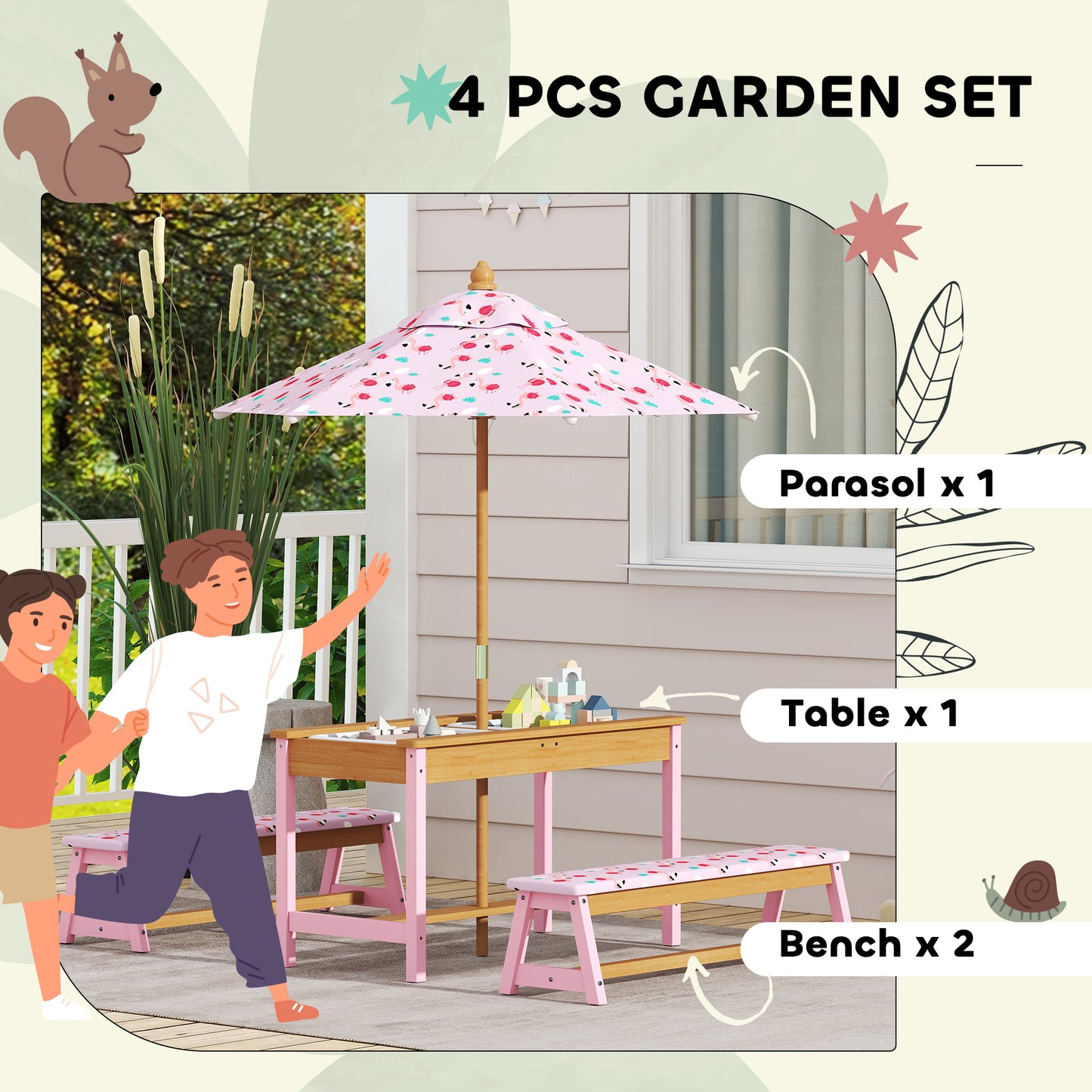 AIYAPLAY Kids Picnic Table Set With Removable Foldable Umbrella Cushions Storage Boxes Flamingo Theme Pink