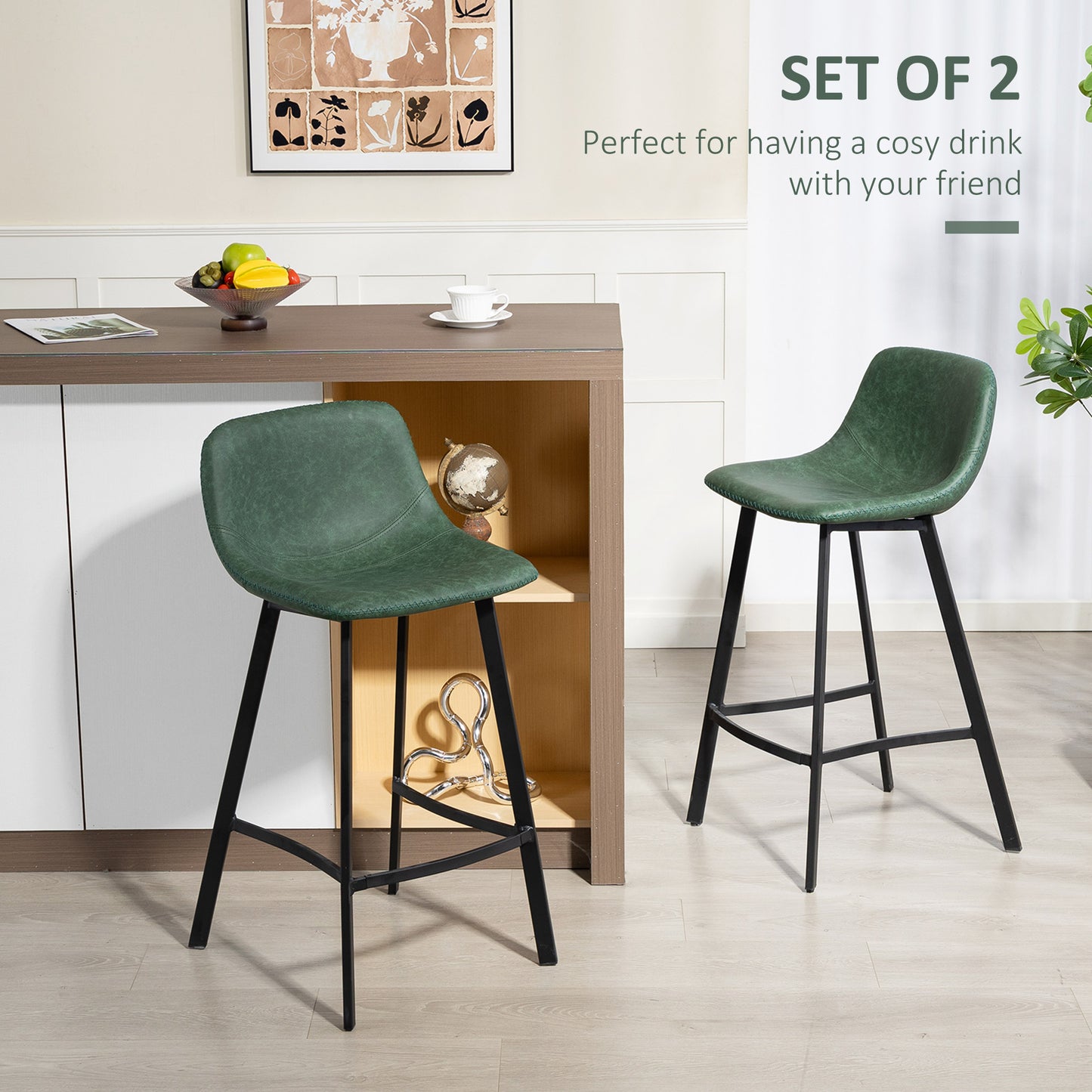 HOMCOM Bar Stools Set 2 PU Leather Backrest Footrest for Kitchen Counter Breakfast Bar Green