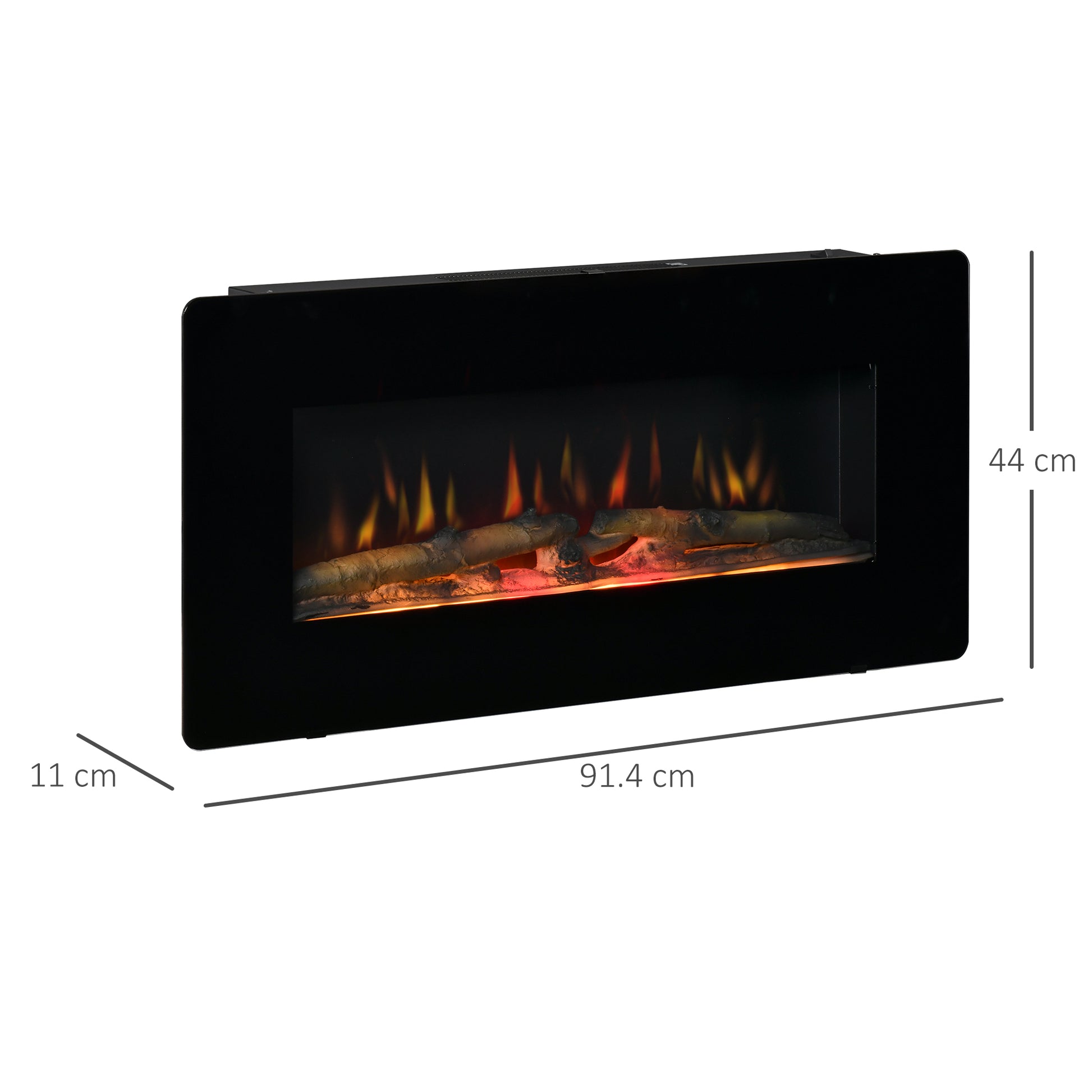 HOMCOM Wall-Mounted Electric Fireplace Heater with Remote Control, Adjustable Flame & Timer, 1800/2000W, Black Finish - ALL4U RETAILER LTD