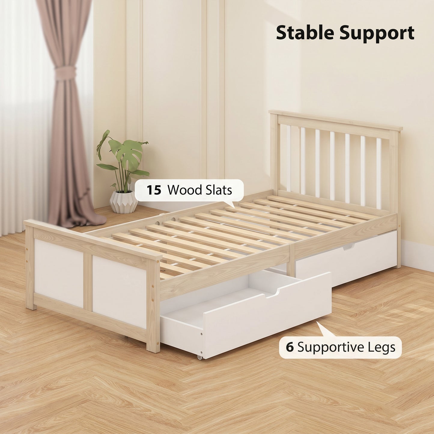 HOMCOM Pine Storage Bed 3ft Single Solid Wooden Bed Frame With Drawers And Headboard Natural Wood Finish